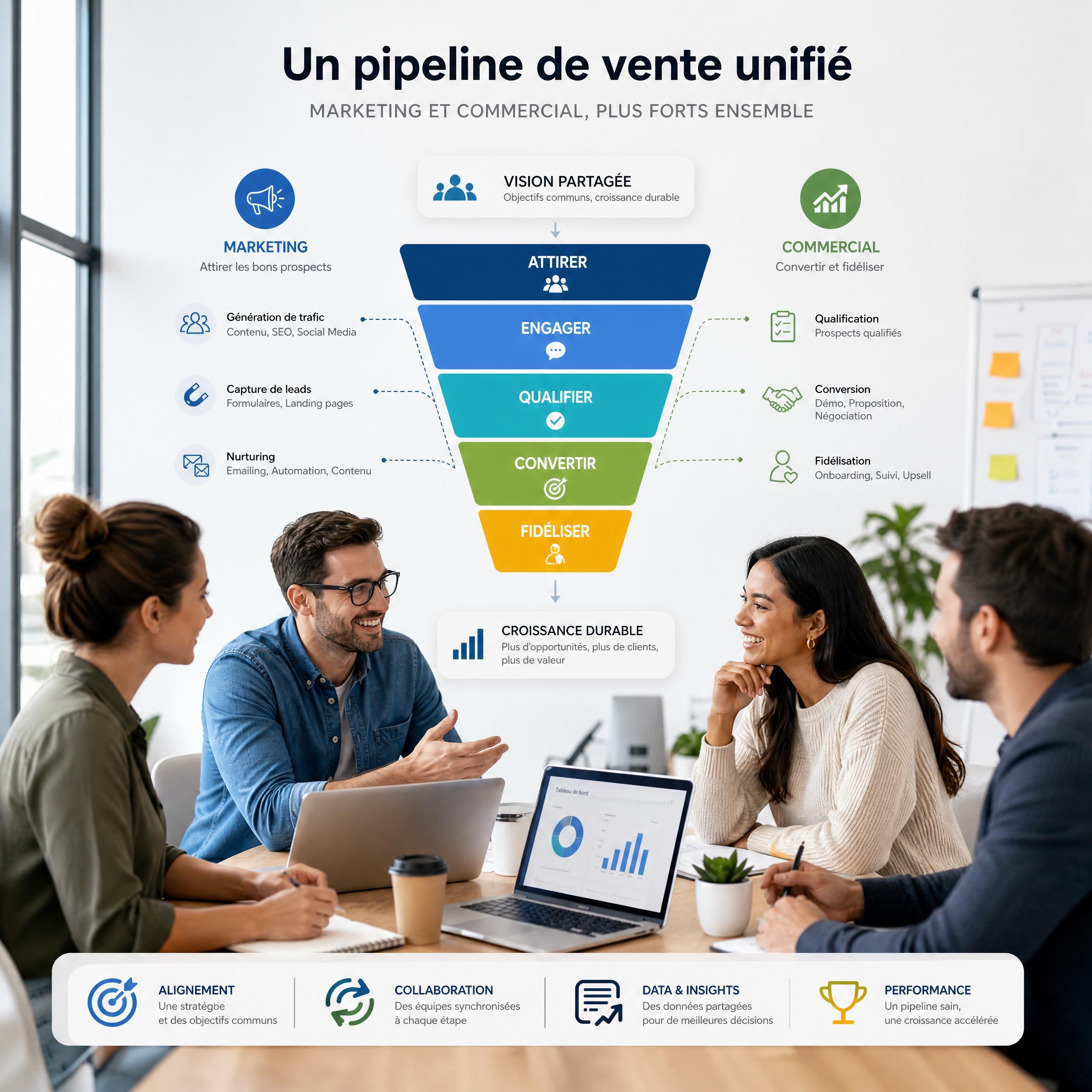 Équipe marketing et commerciale collaborant autour d'un pipeline de vente unifié
