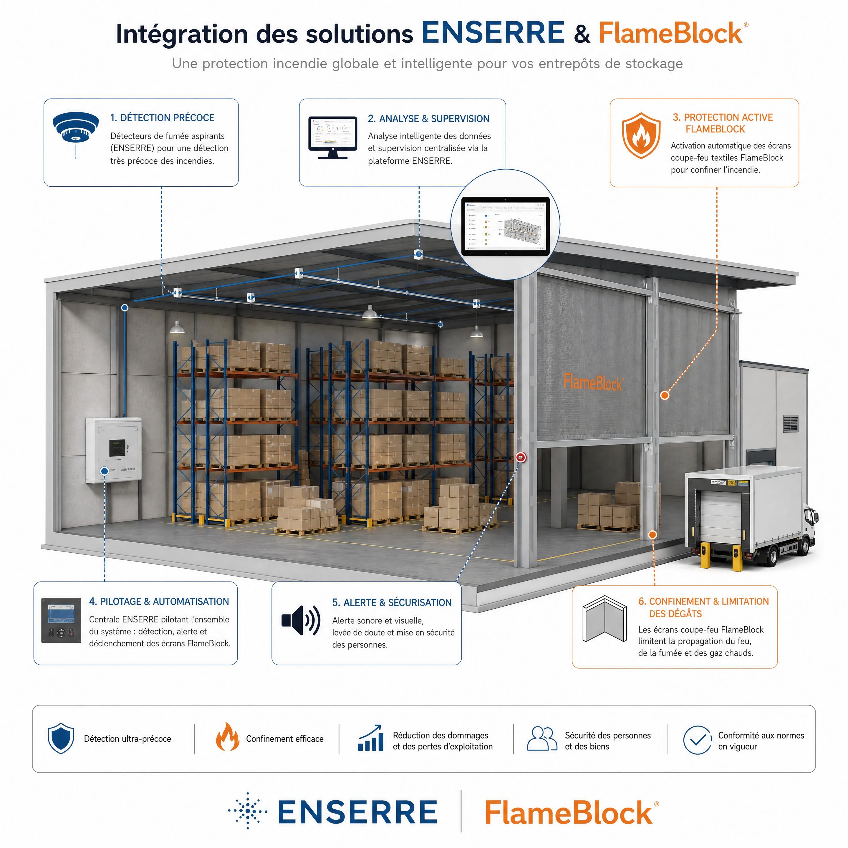 Schéma d'intégration de la solution systémique ENSERRE et FlameBlock dans un entrepôt de stockage