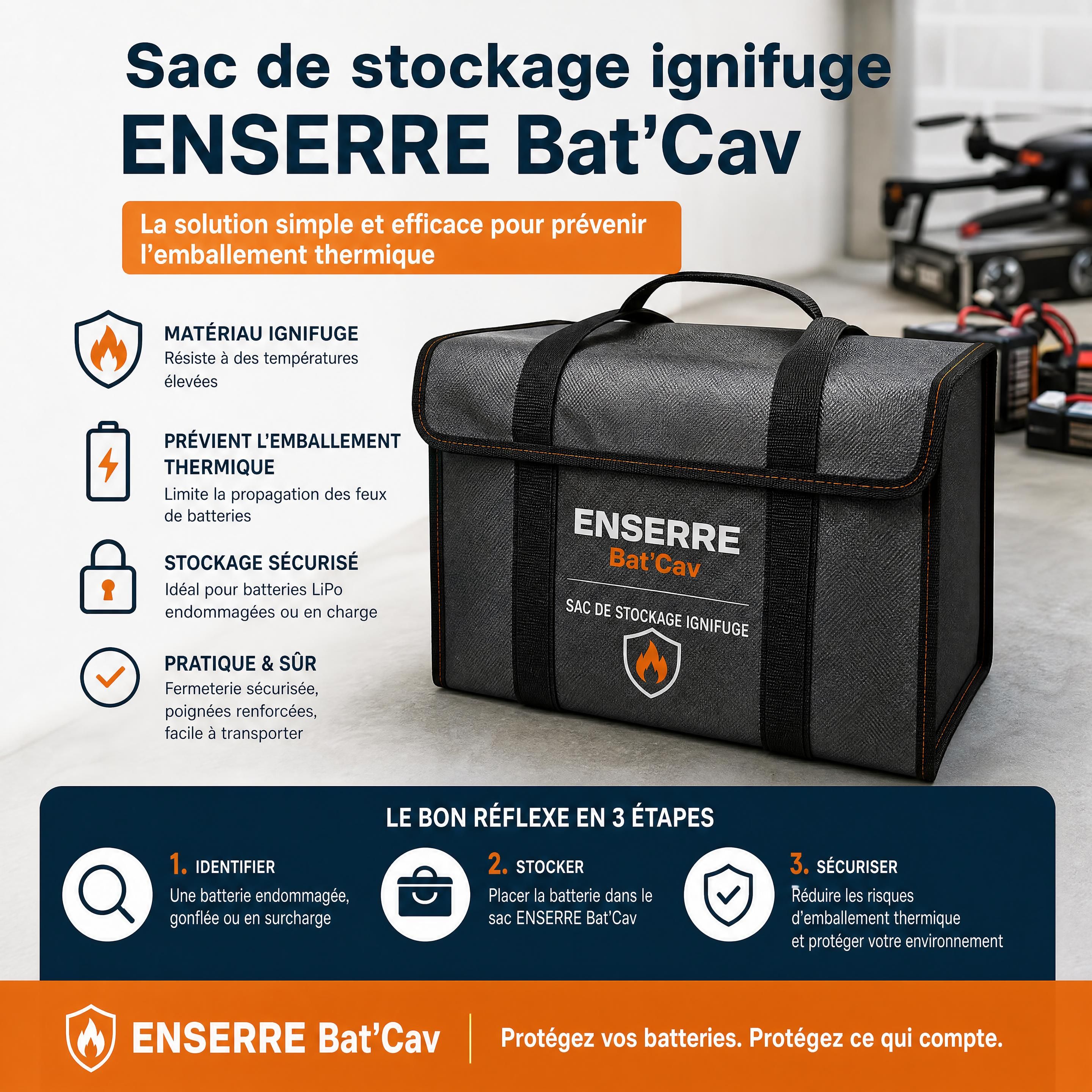 Sac de stockage ignifuge ENSERRE Bat'Cav pour la prévention de l'emballement thermique