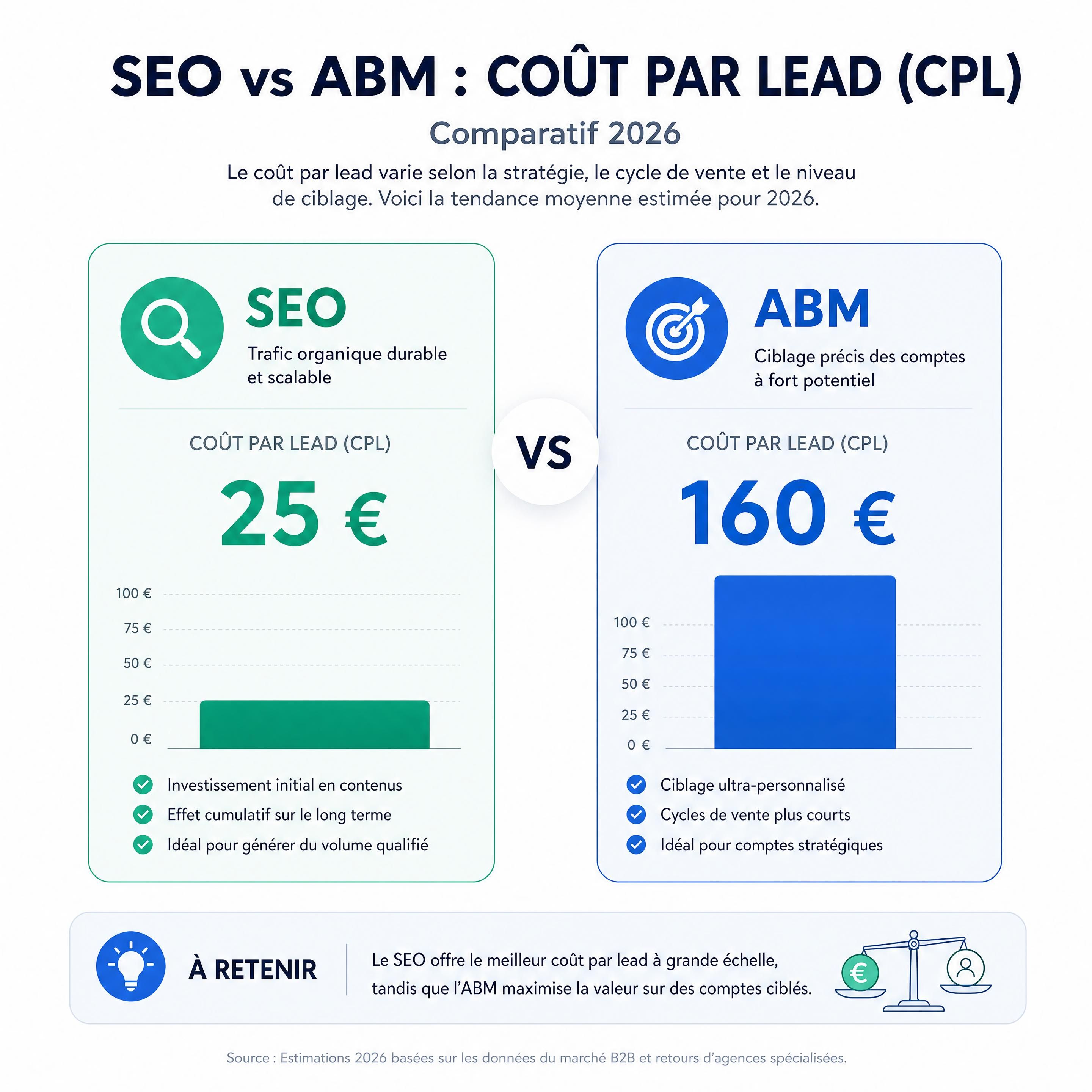 Graphique comparatif du coût par lead (CPL) entre le SEO et l'ABM en 2026
