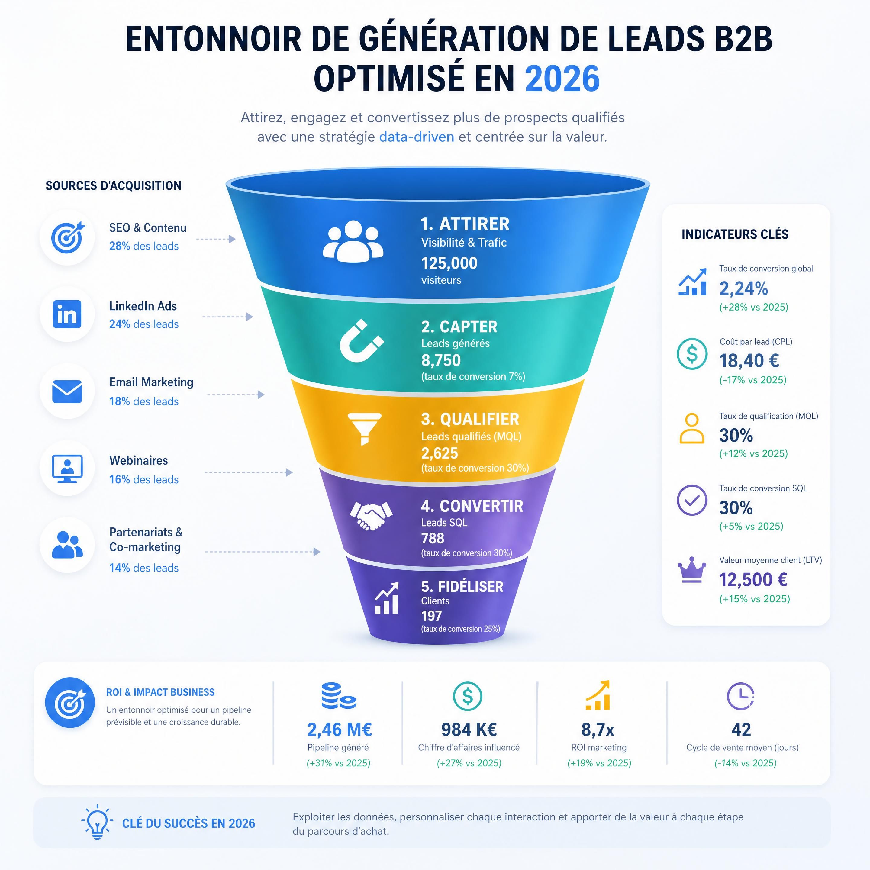 Illustration conceptuelle d'un entonnoir de génération de leads B2B optimisé en 2026 avec des données de performance