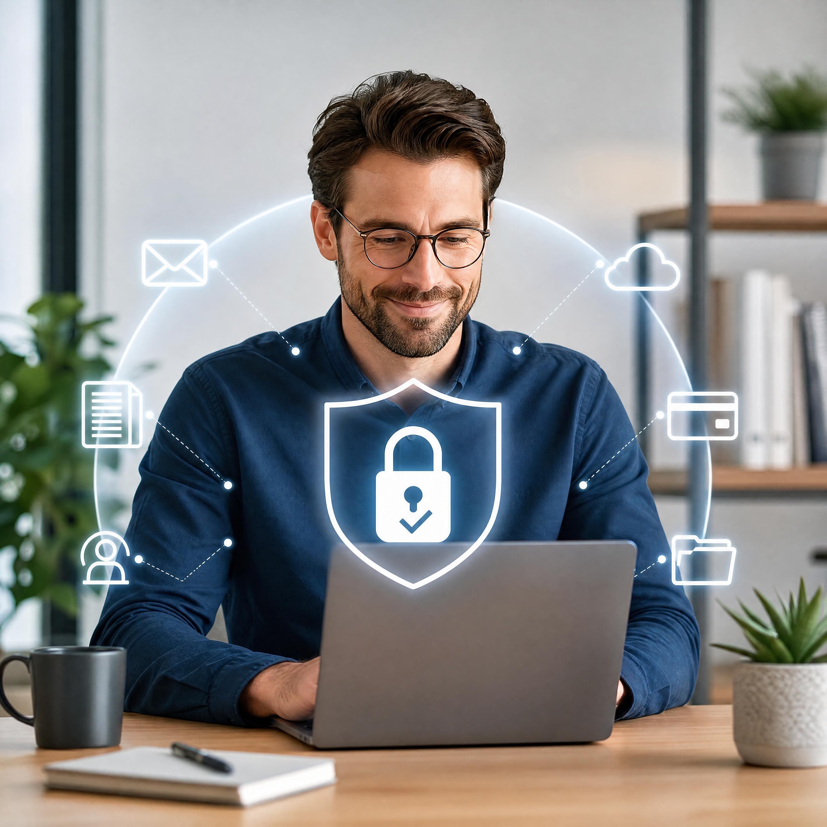 Un entrepreneur devant son ordinateur portable, affichant un sourire serein grâce à une protection informatique fiable et invisible.