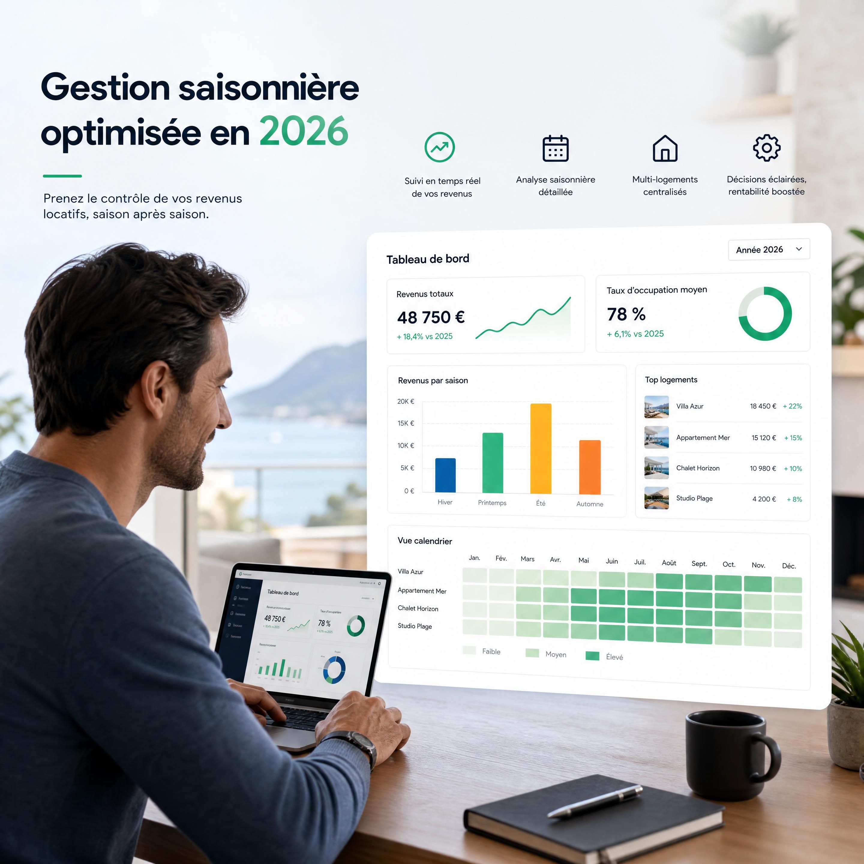 Propriétaire consultant ses revenus locatifs sur un tableau de bord digital moderne, représentant la gestion saisonnière optimisée en 2026