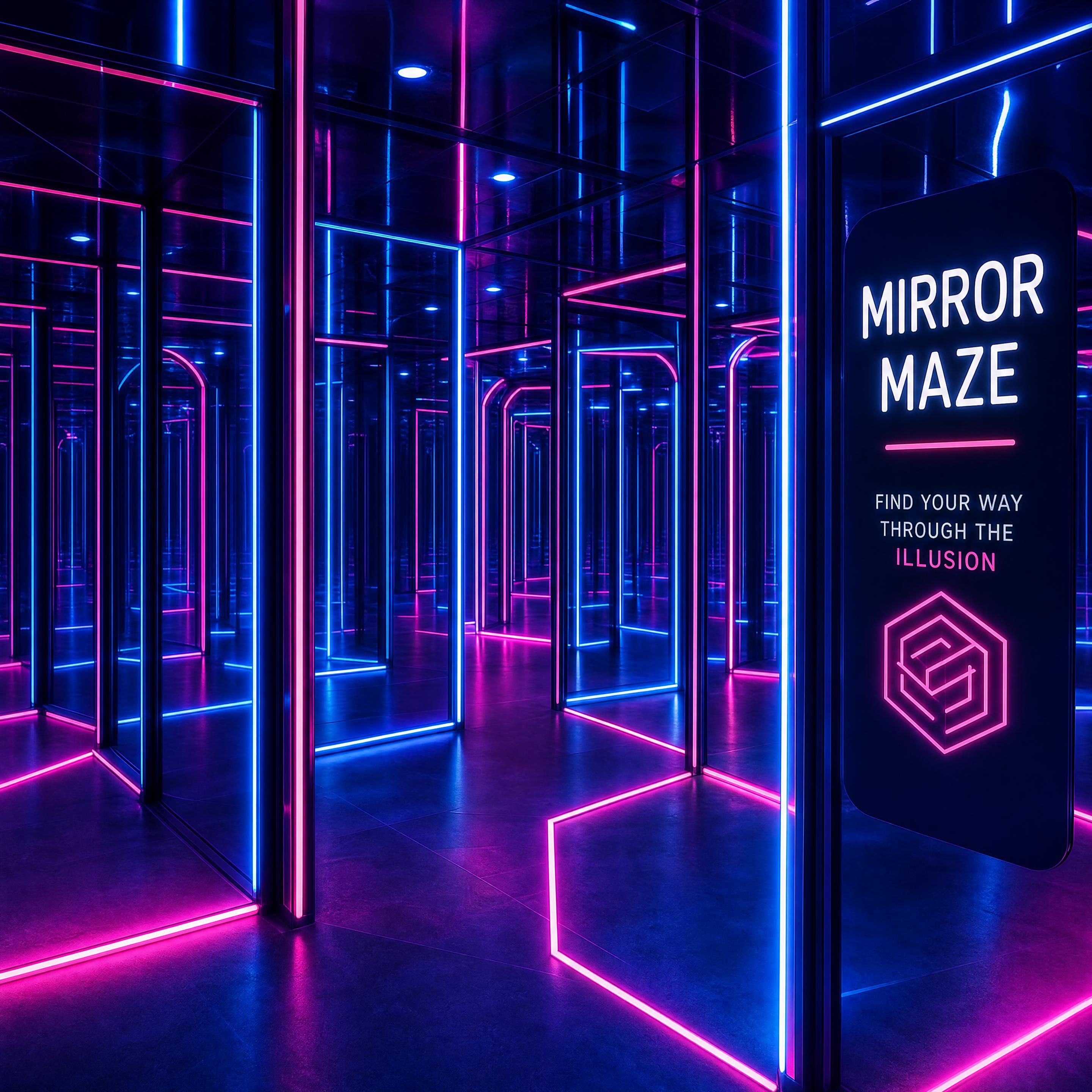 A modern neon-lit mirror maze with endless corridors and glowing LED accents, creating a disorienting and immersive park experience