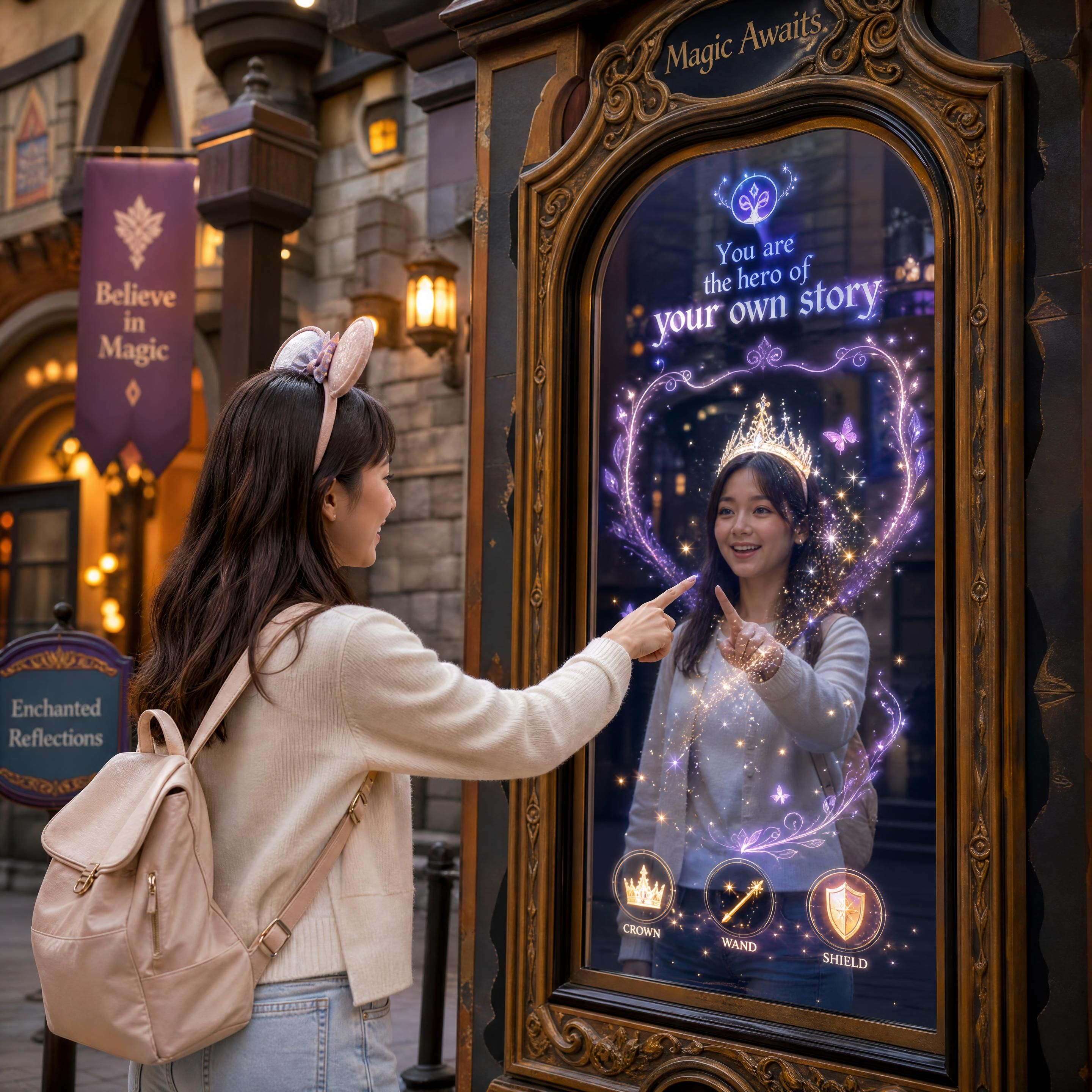 A young guest interacting with a large-scale AR mirror attraction in a fantasy-themed amusement park, showing real-time digital magic overlays reflecting on the glass