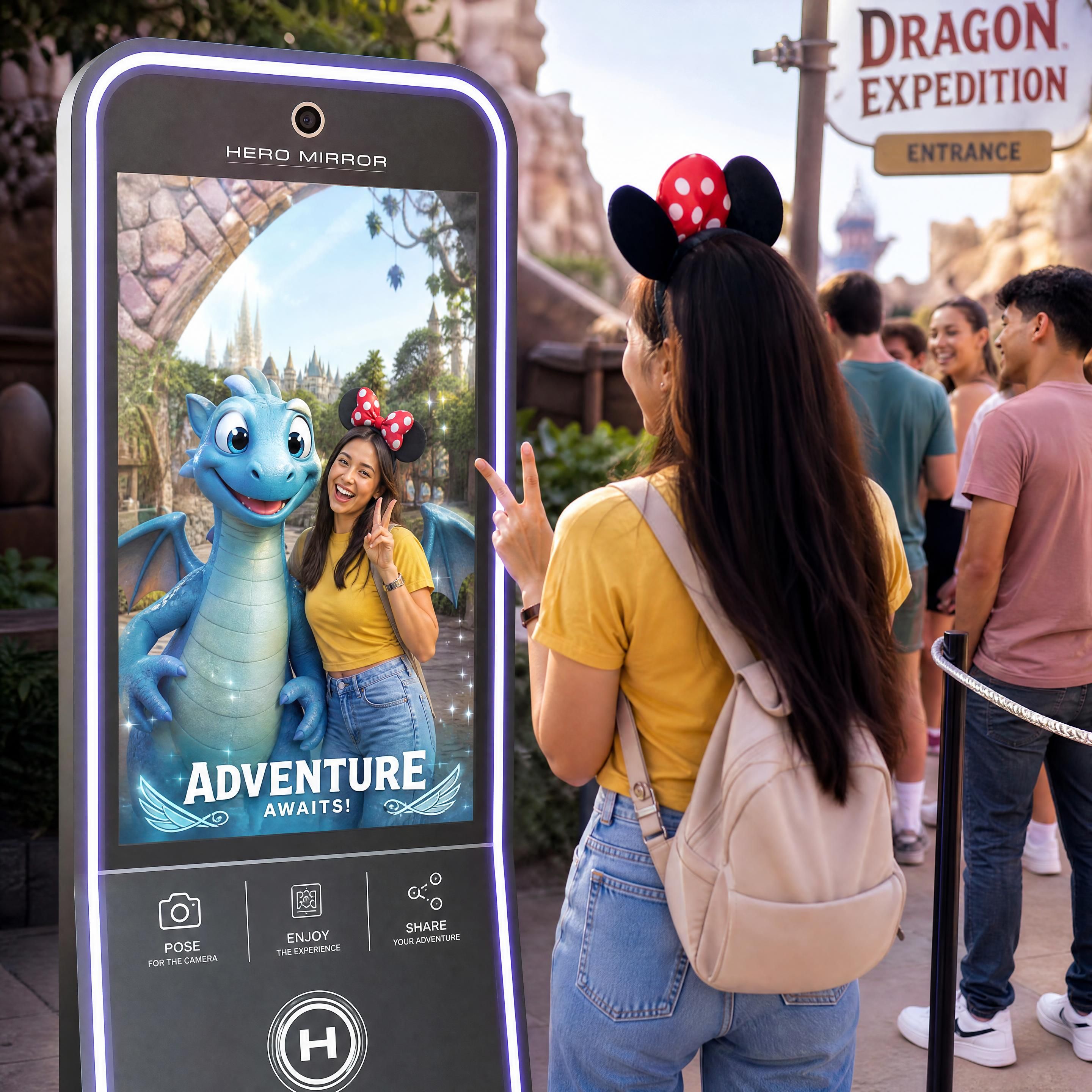An interactive smart mirror kiosk like HeroMirror at a theme park attraction queue line, allowing visitors to pose with augmented reality characters for social media photos