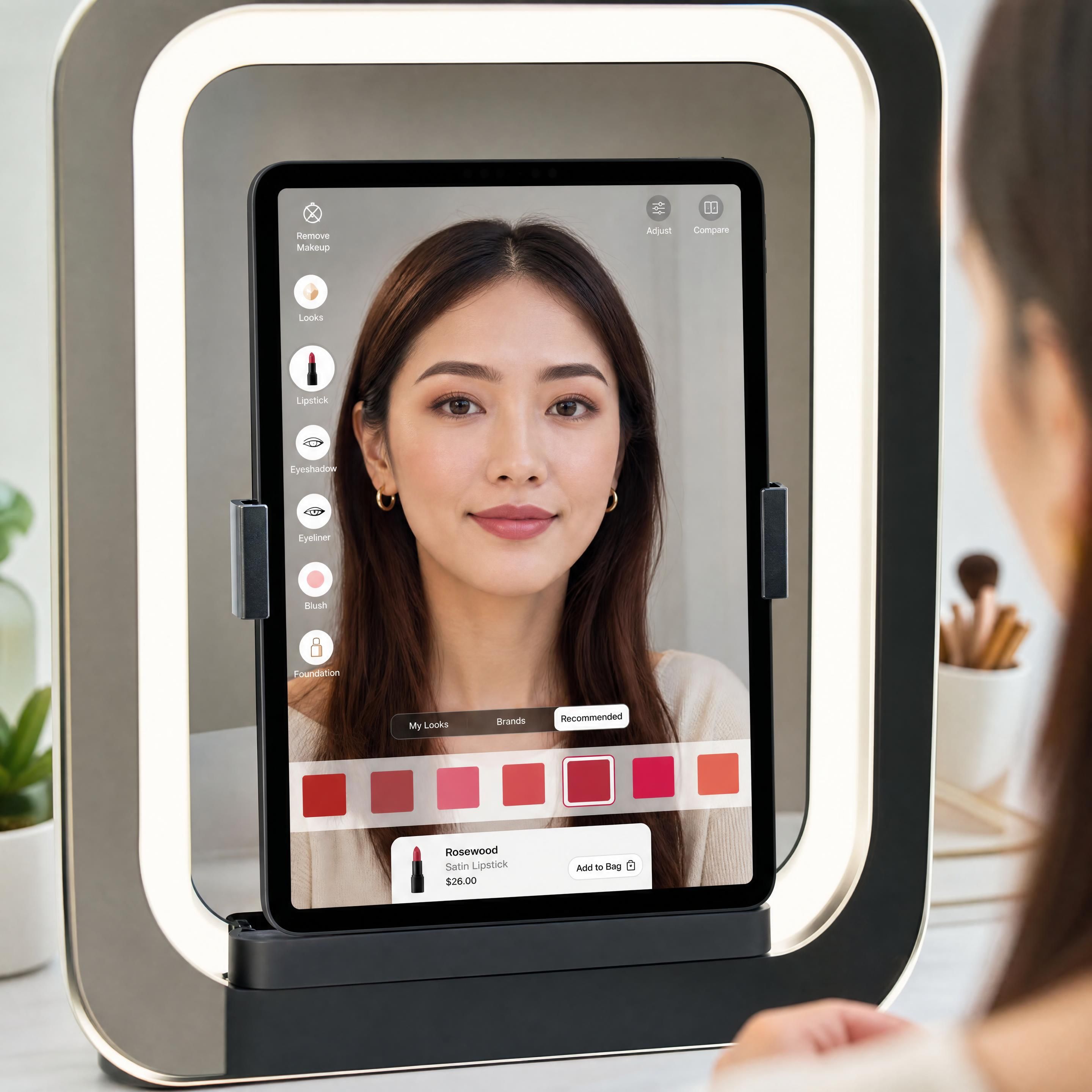 Close-up of an iPad-based AR mirror setup displaying real-time virtual makeup application with high fidelity