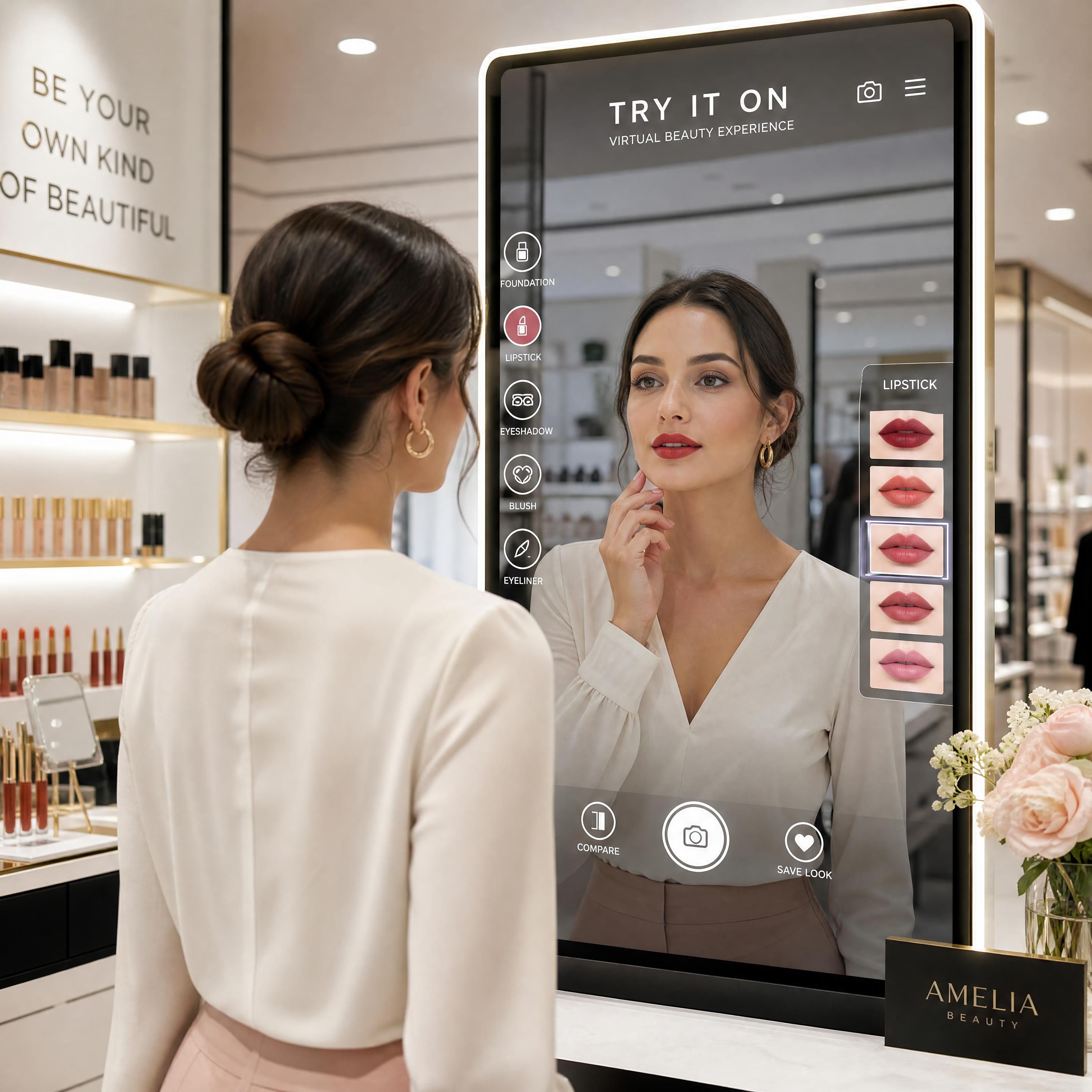 A luxury beauty boutique featuring an interactive smart AR mirror where a customer is virtually trying on cosmetics