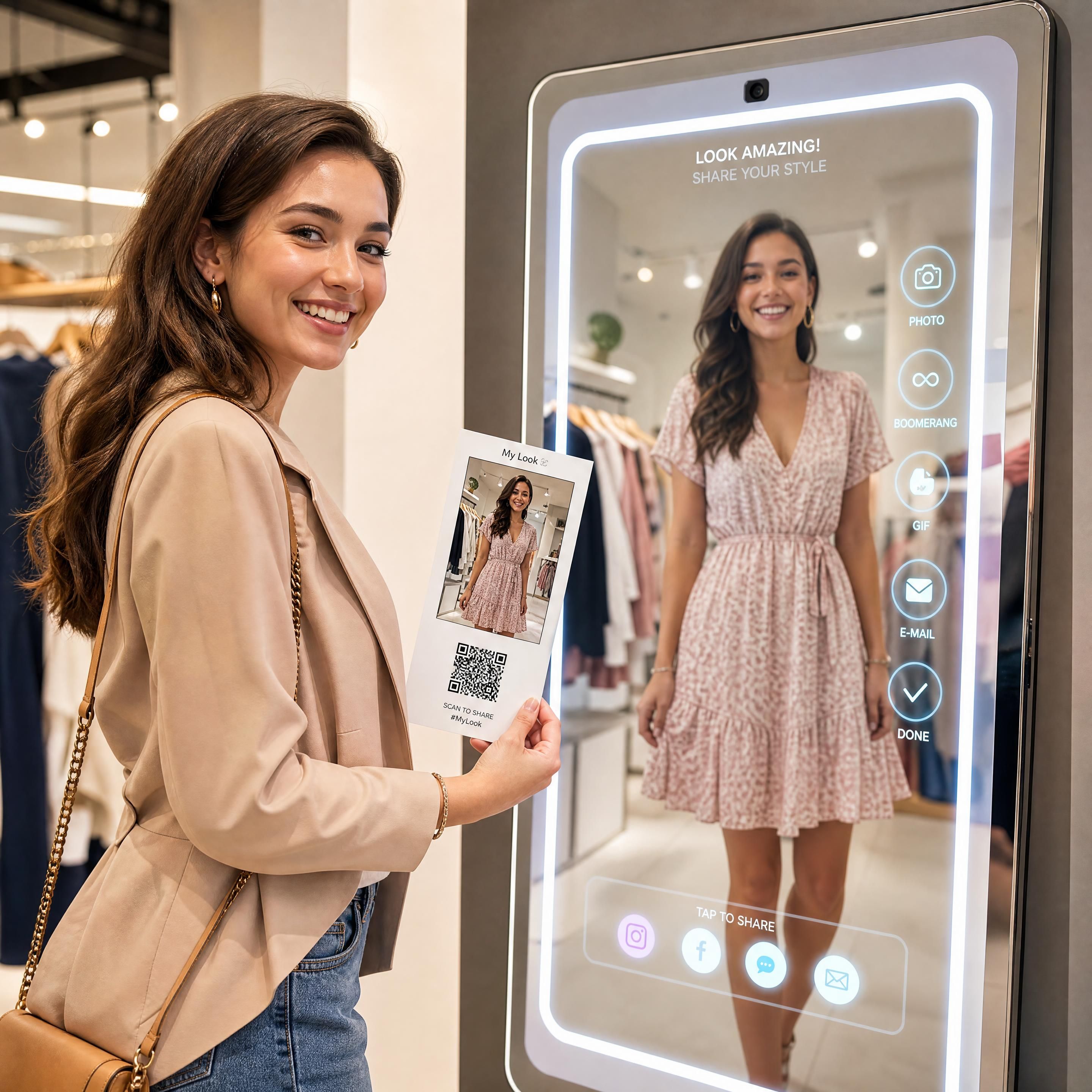 A shopper smiling next to an interactive AR mirror in a fashion boutique, holding a printed physical photo with a QR code for social sharing