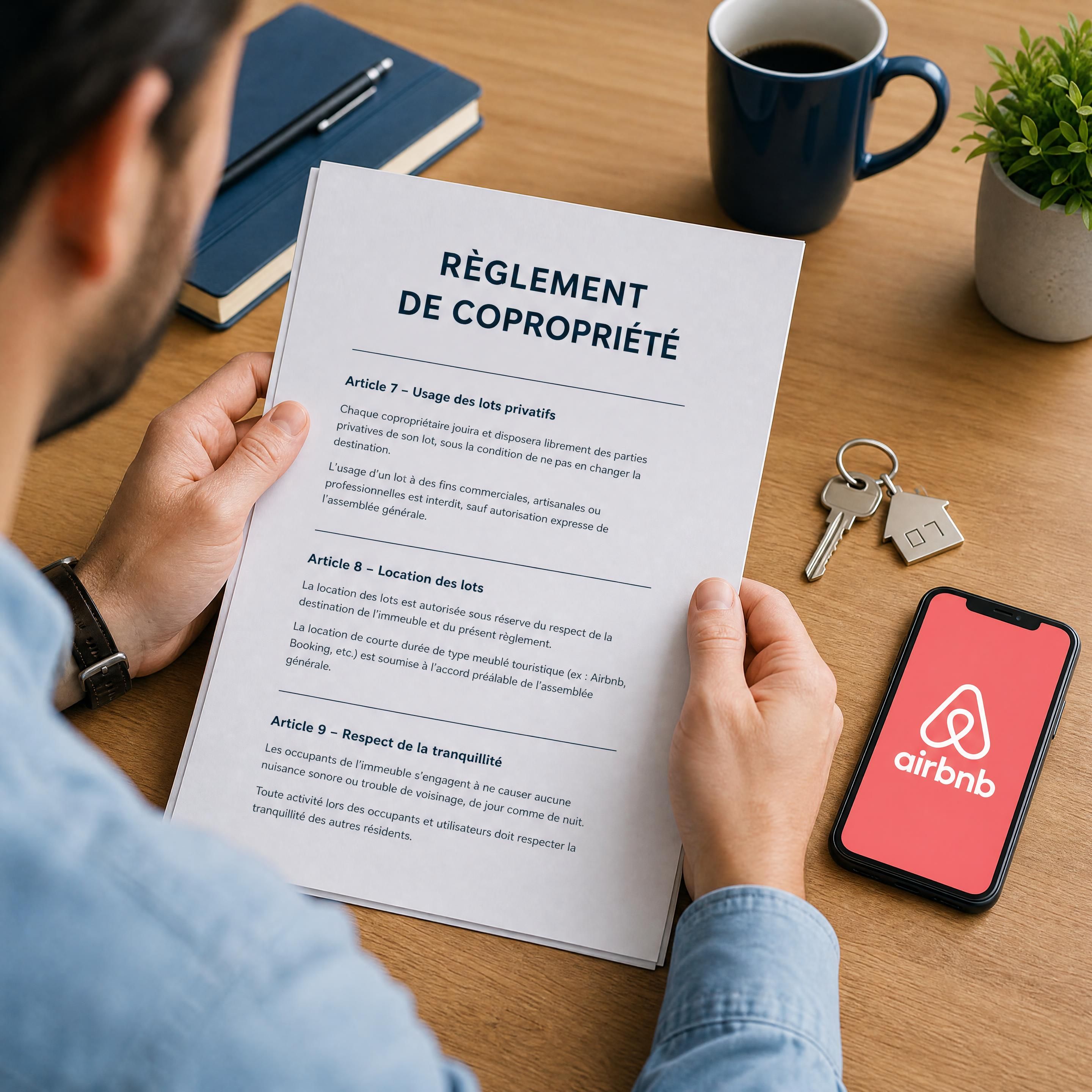 Un propriétaire analysant attentivement les clauses d'un règlement de copropriété imprimé à côté d'une clé d'appartement et d'un smartphone affichant l'application Airbnb