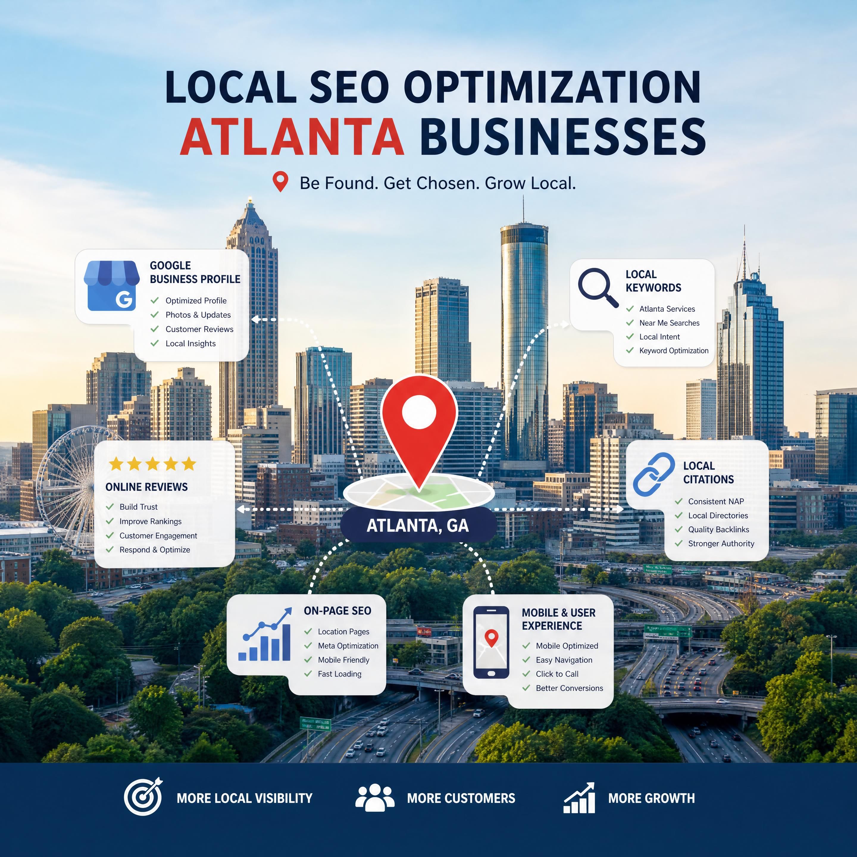 Atlanta skyline with digital marketing icons overlaid showing local SEO optimization elements