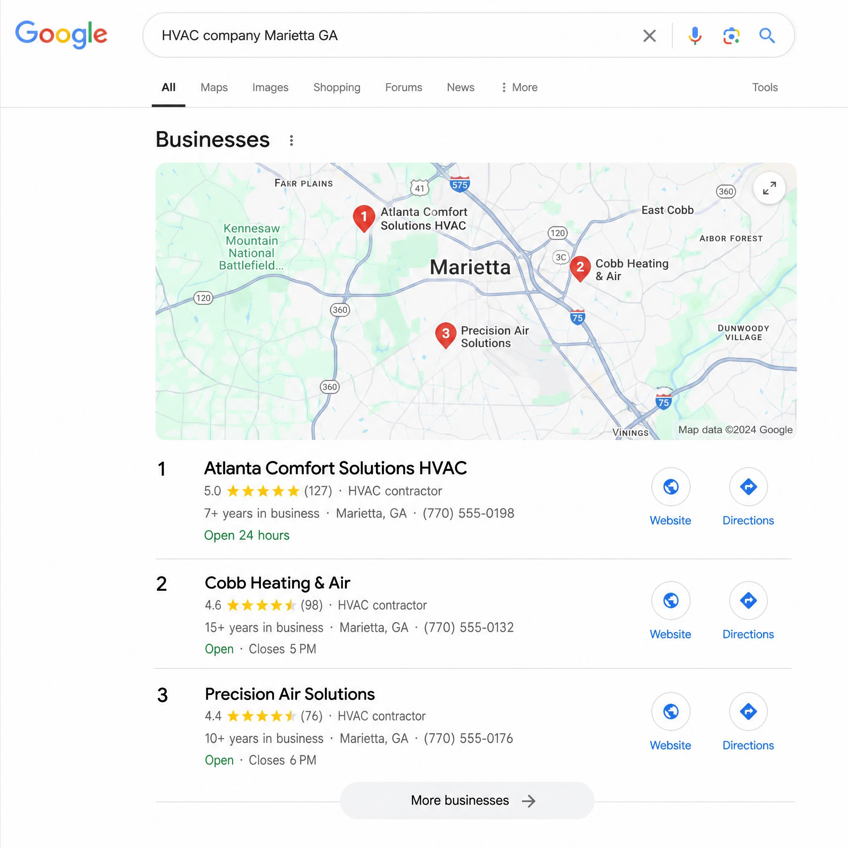 A screenshot of Google Maps local 3-pack showing a Marietta HVAC business ranking #1 with a 5-star rating