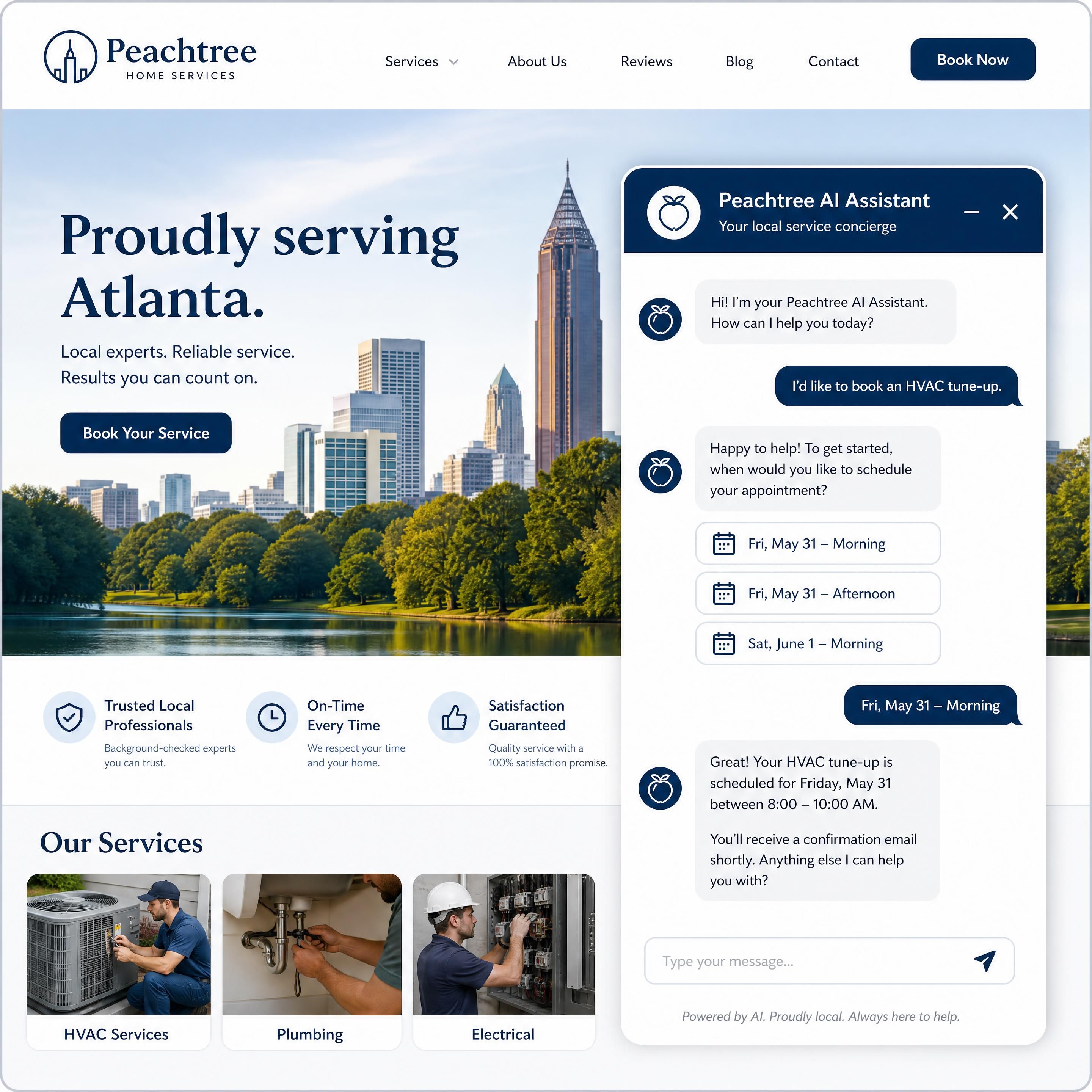 AI chatbot interface on a local Atlanta business website helping a customer with booking