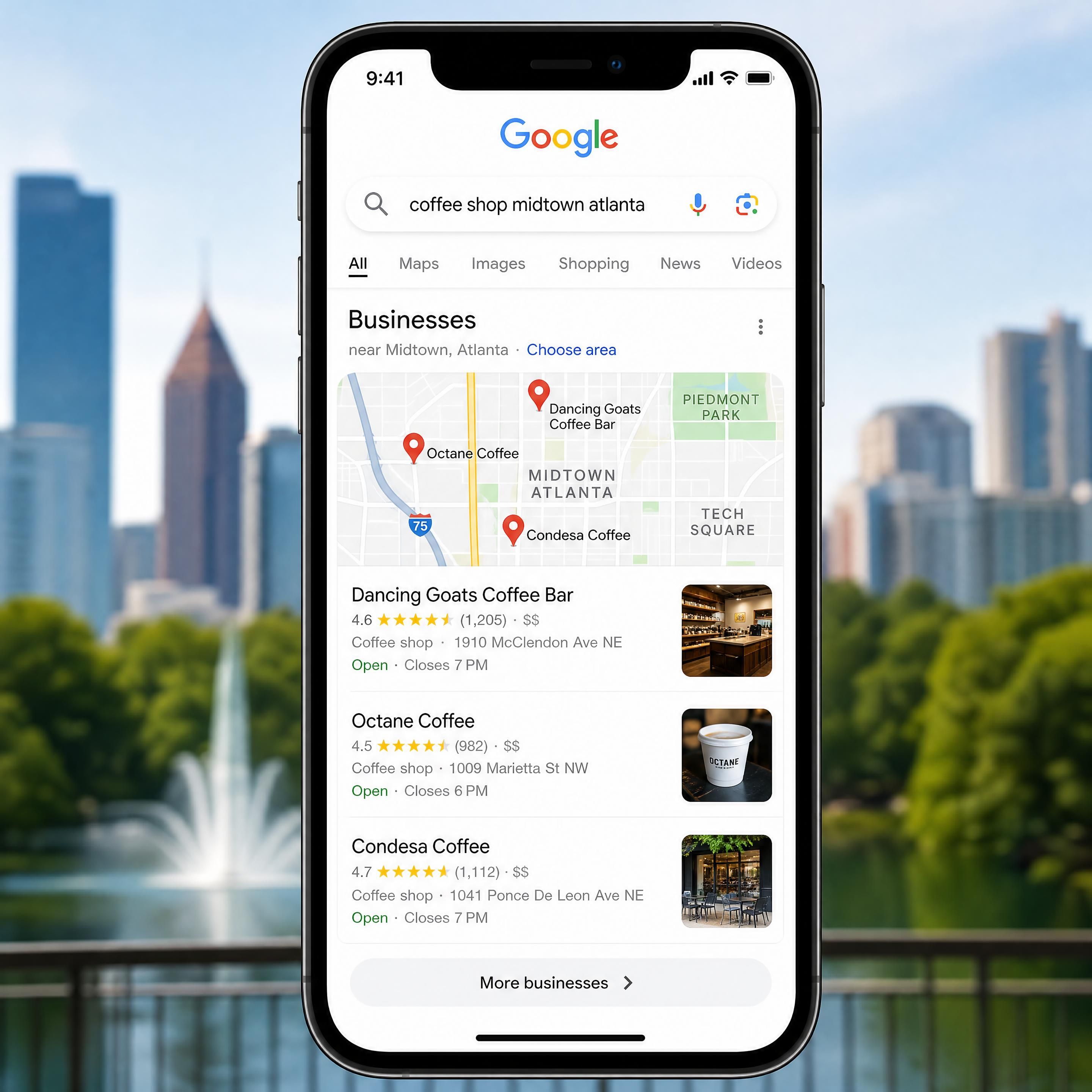 Google Maps Local 3-Pack search results on an iPhone showing businesses in Midtown Atlanta
