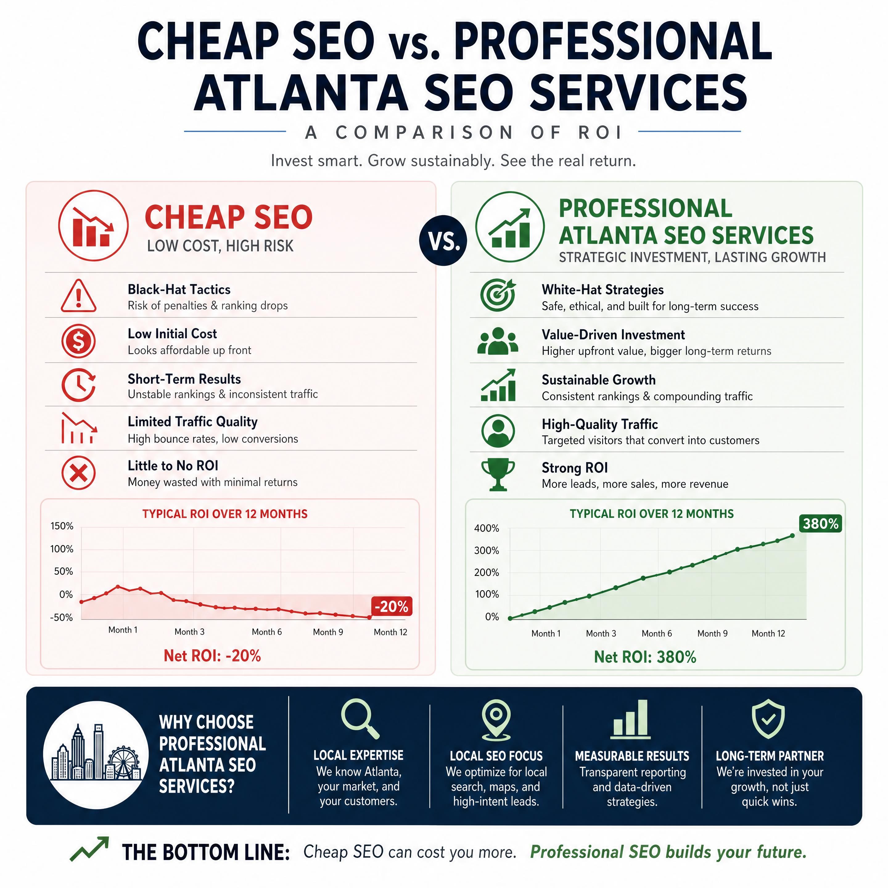 Infographic comparing the ROI of cheap SEO vs. professional Atlanta SEO services