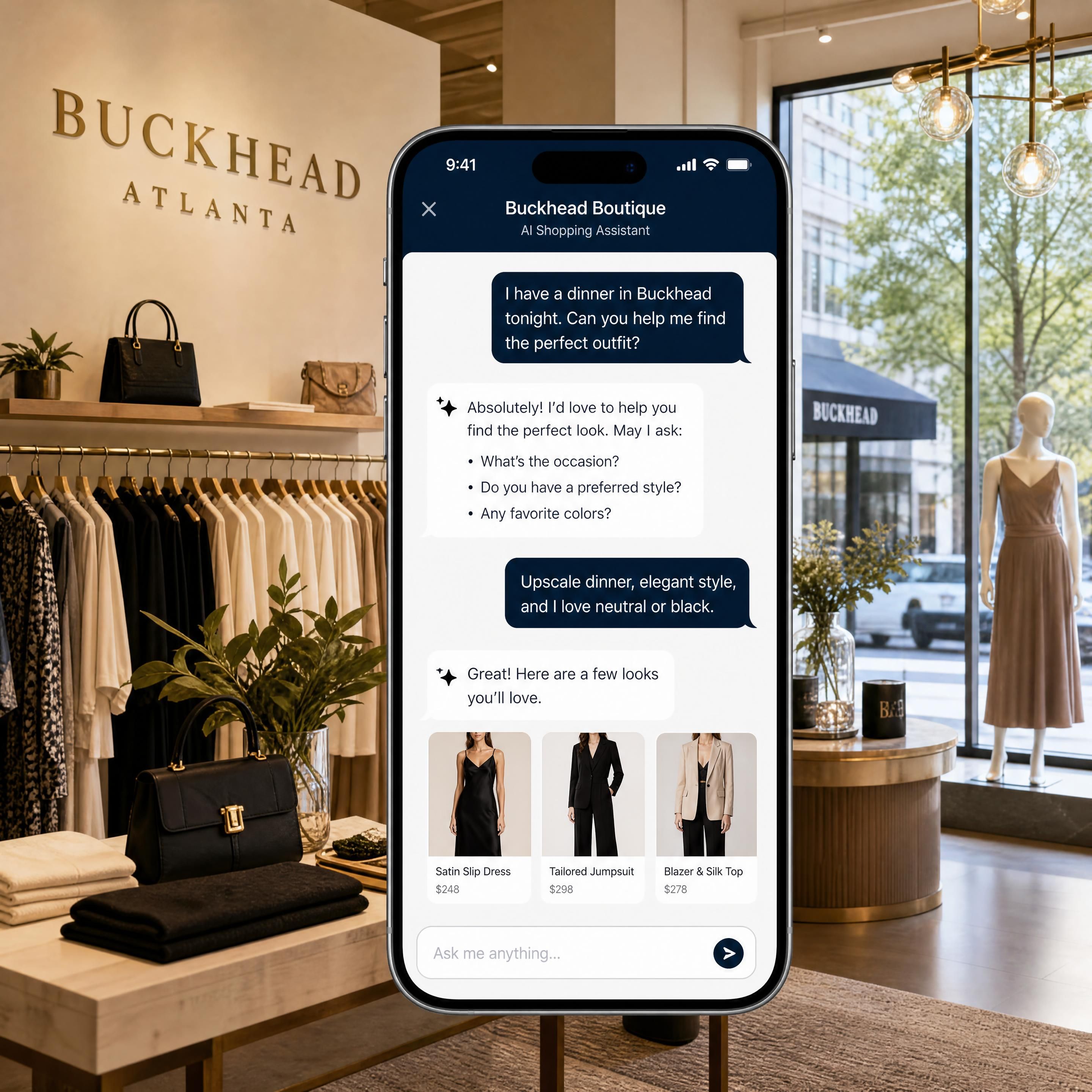 A modern boutique store in Buckhead, Atlanta, with an overlay of a helpful AI chat interface on a mobile phone