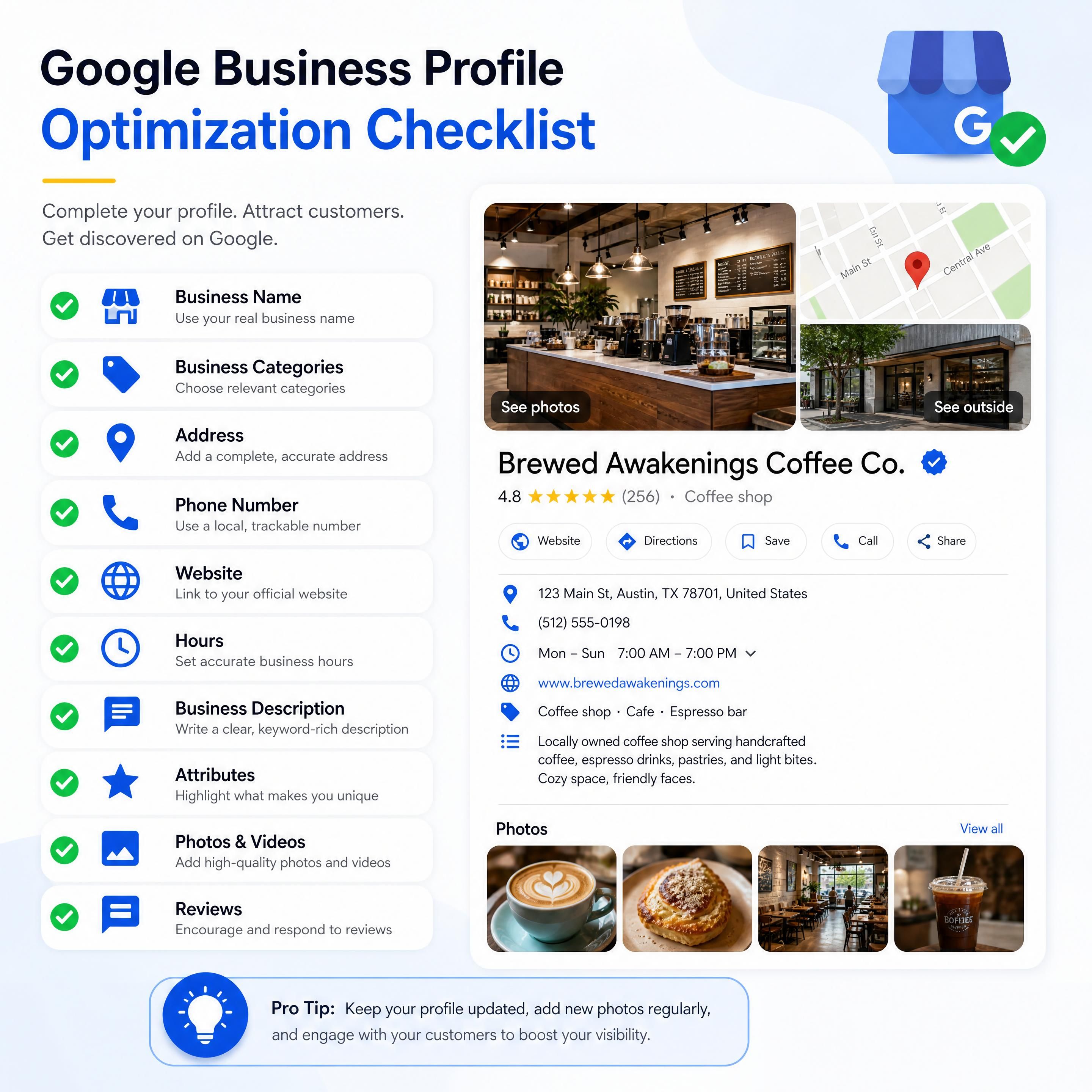 Google Business Profile optimization checklist showing complete business information fields and photo gallery