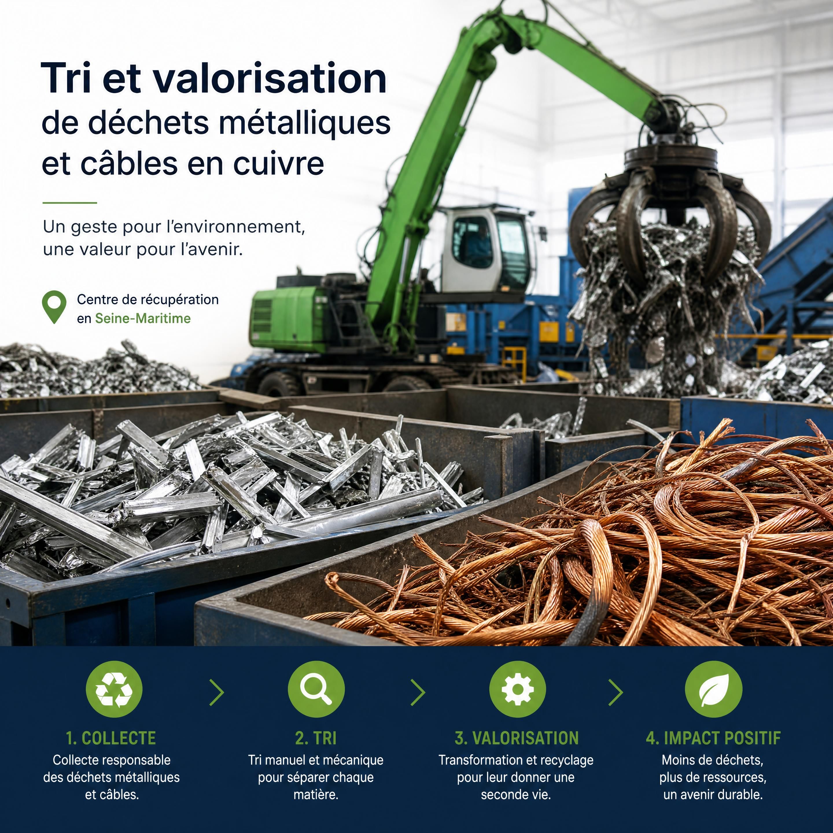 Tri et valorisation de déchets métalliques et câbles en cuivre dans un centre de récupération de métaux en Seine-Maritime
