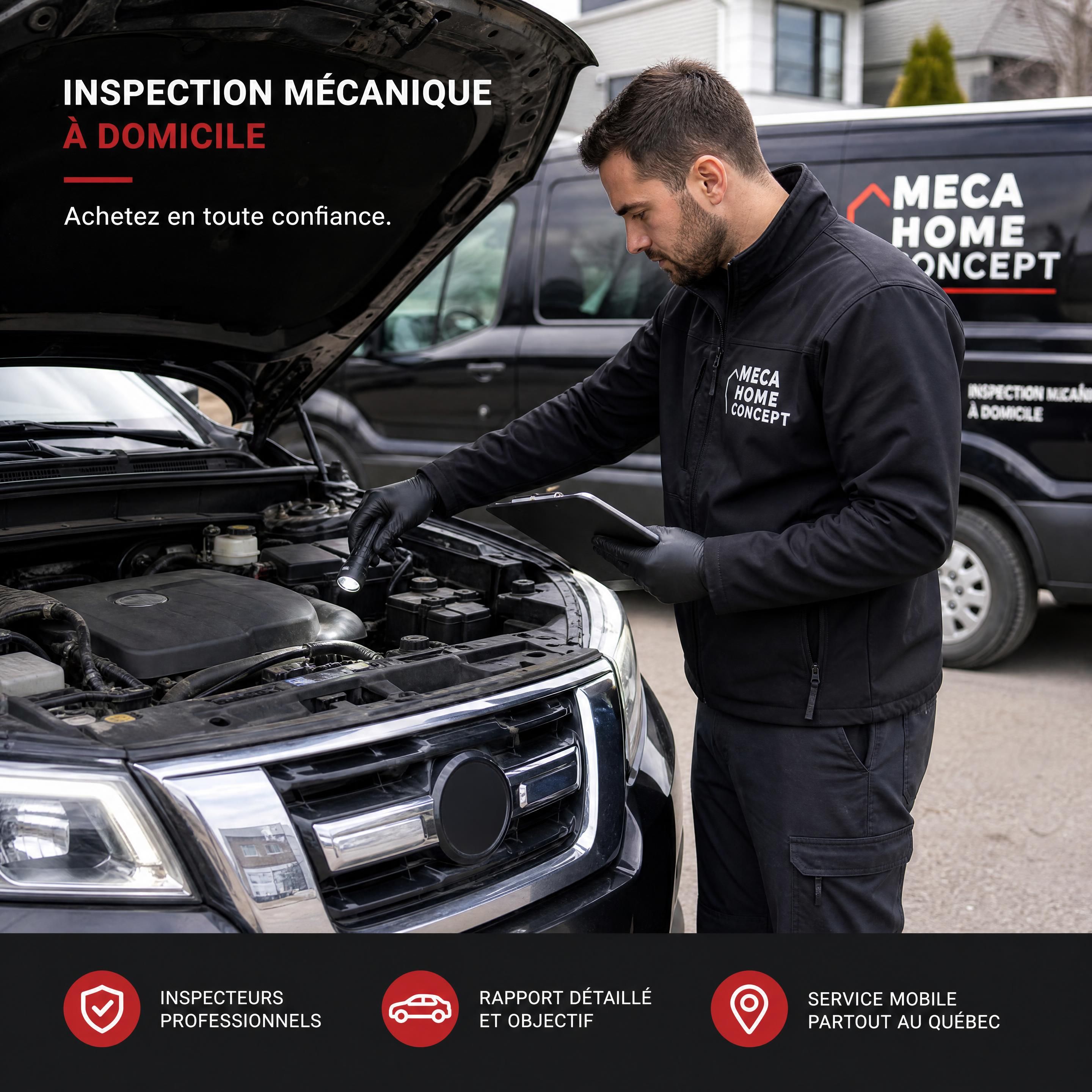 A mobile mechanic inspector from Meca Home Concept inspecting the engine compartment of a used SUV at the point of sale in Quebec