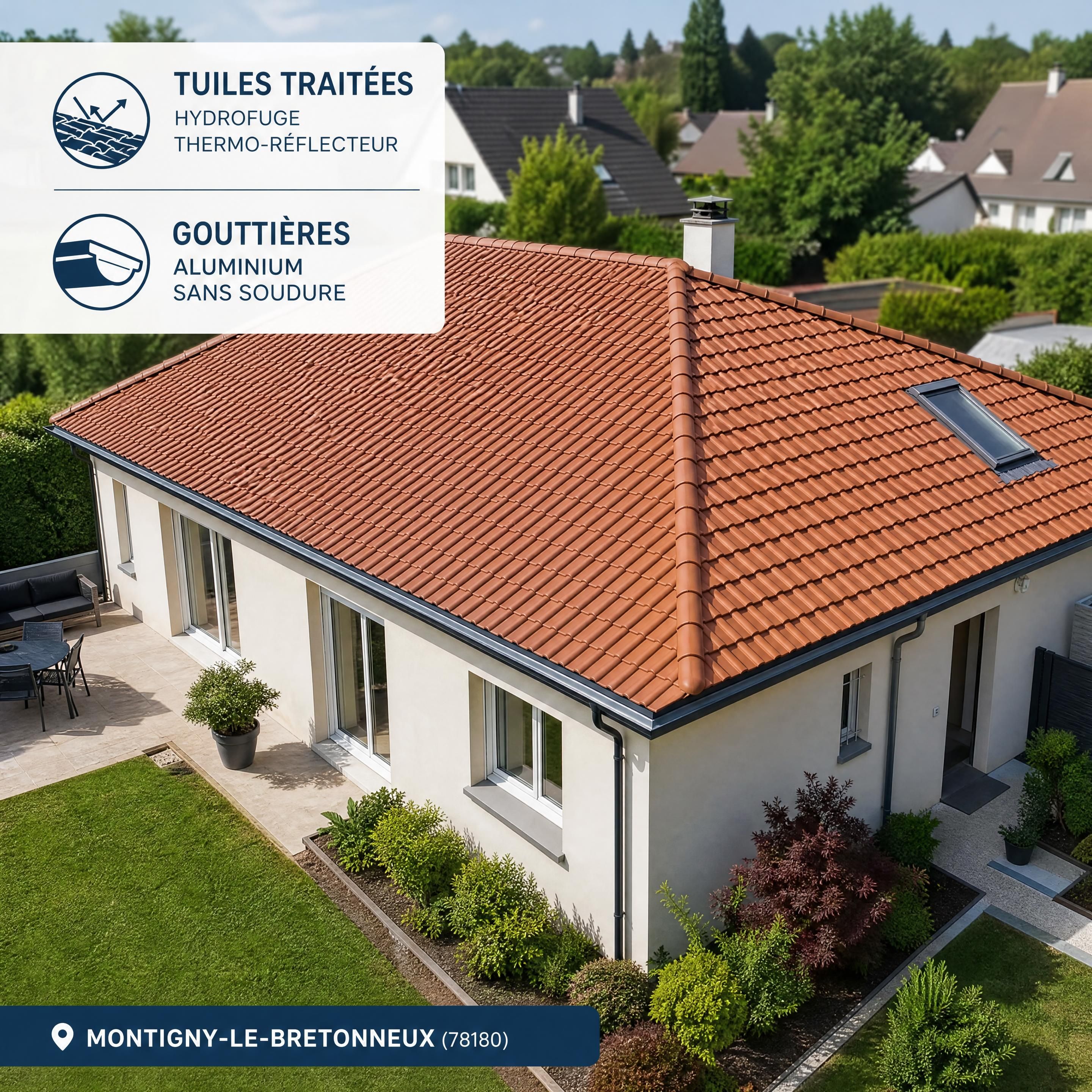 Vue aérienne d'une maison individuelle de plus de 20 ans rénovée à Montigny-le-Bretonneux avec des tuiles traitées par un hydrofuge thermo-réflecteur et équipée de gouttières en aluminium sans soudure