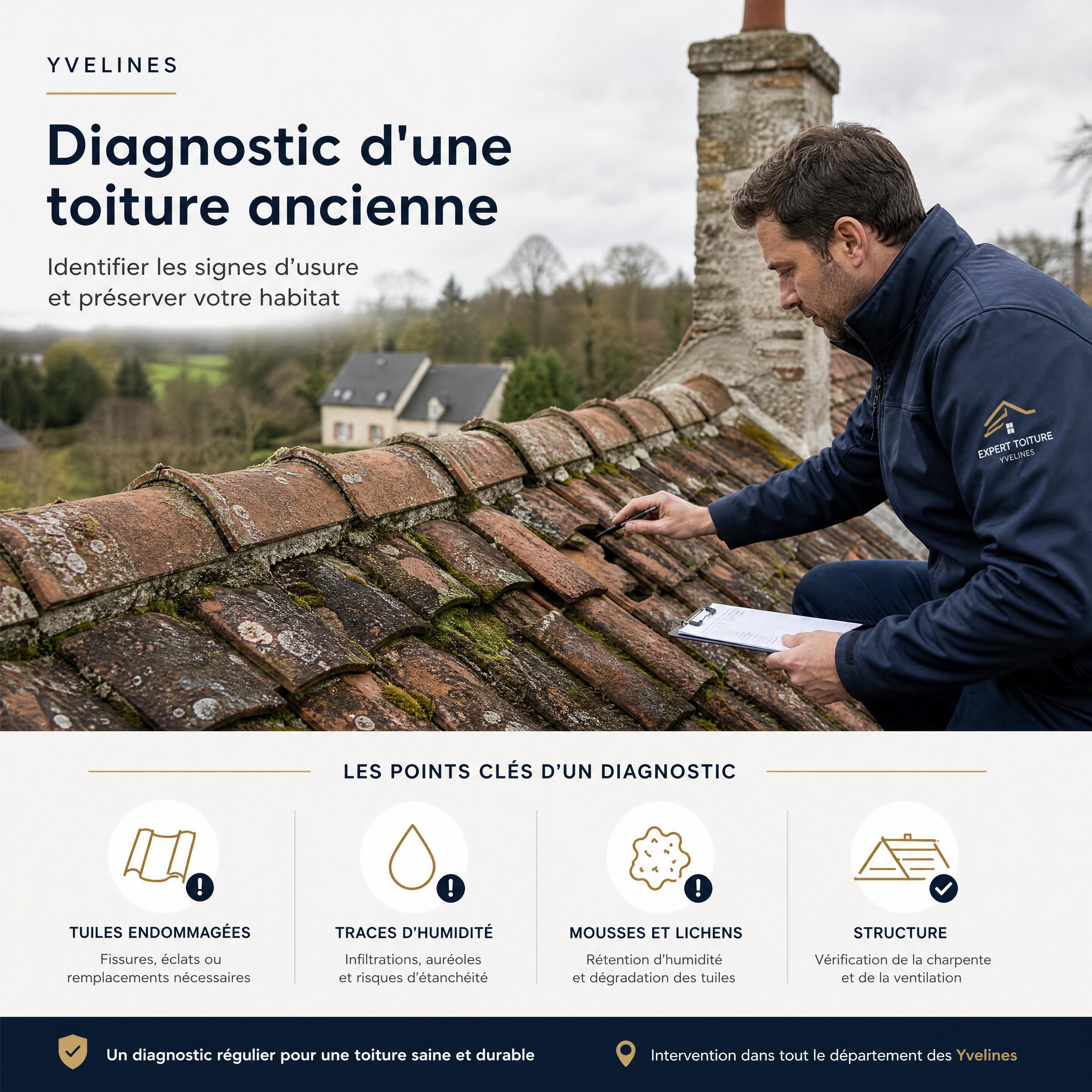Diagnostic d'une toiture ancienne en tuiles dans les Yvelines avec des traces d'humidité et d'usure