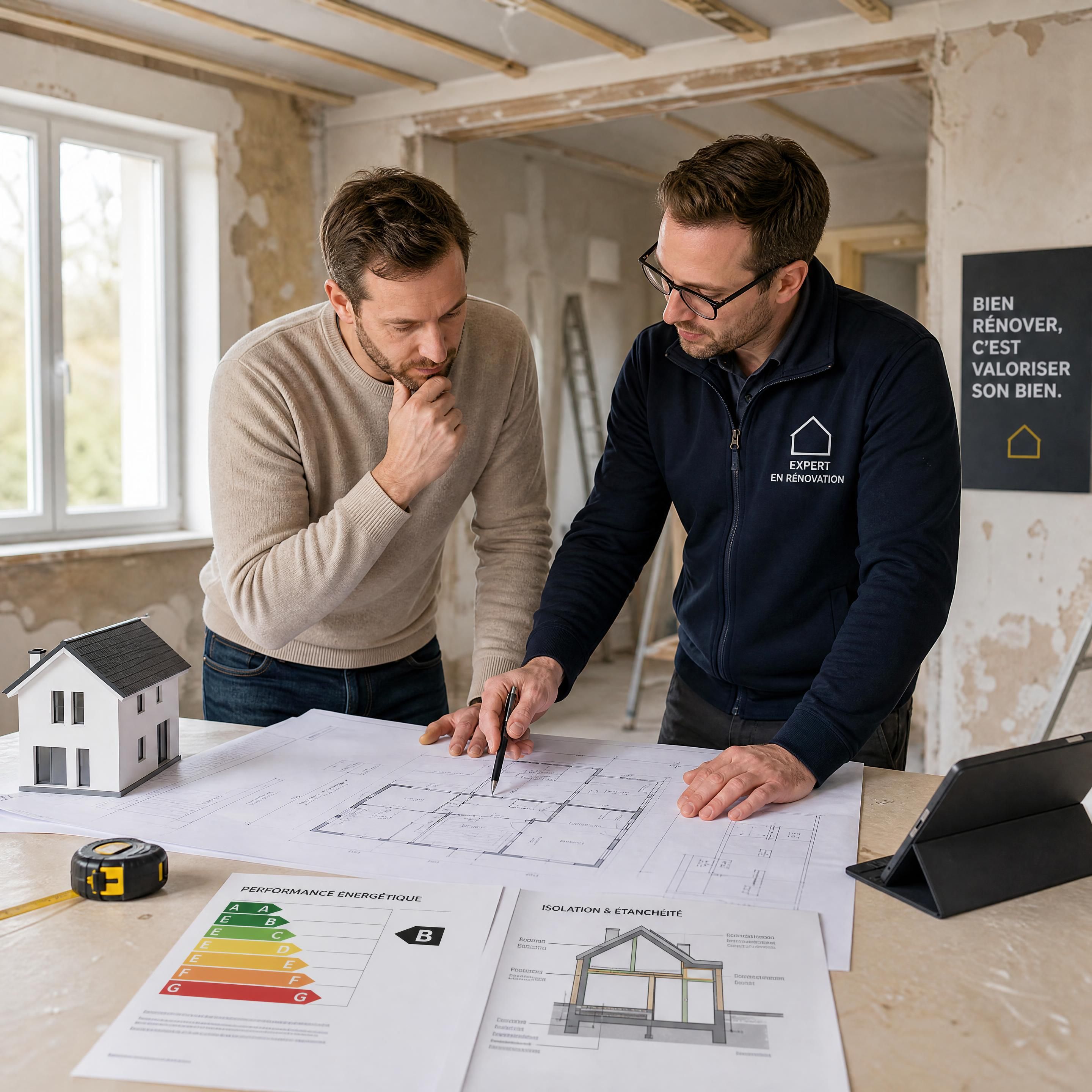 Propriétaire et expert en rénovation analysant des plans techniques et énergétiques dans une maison en travaux en Belgique
