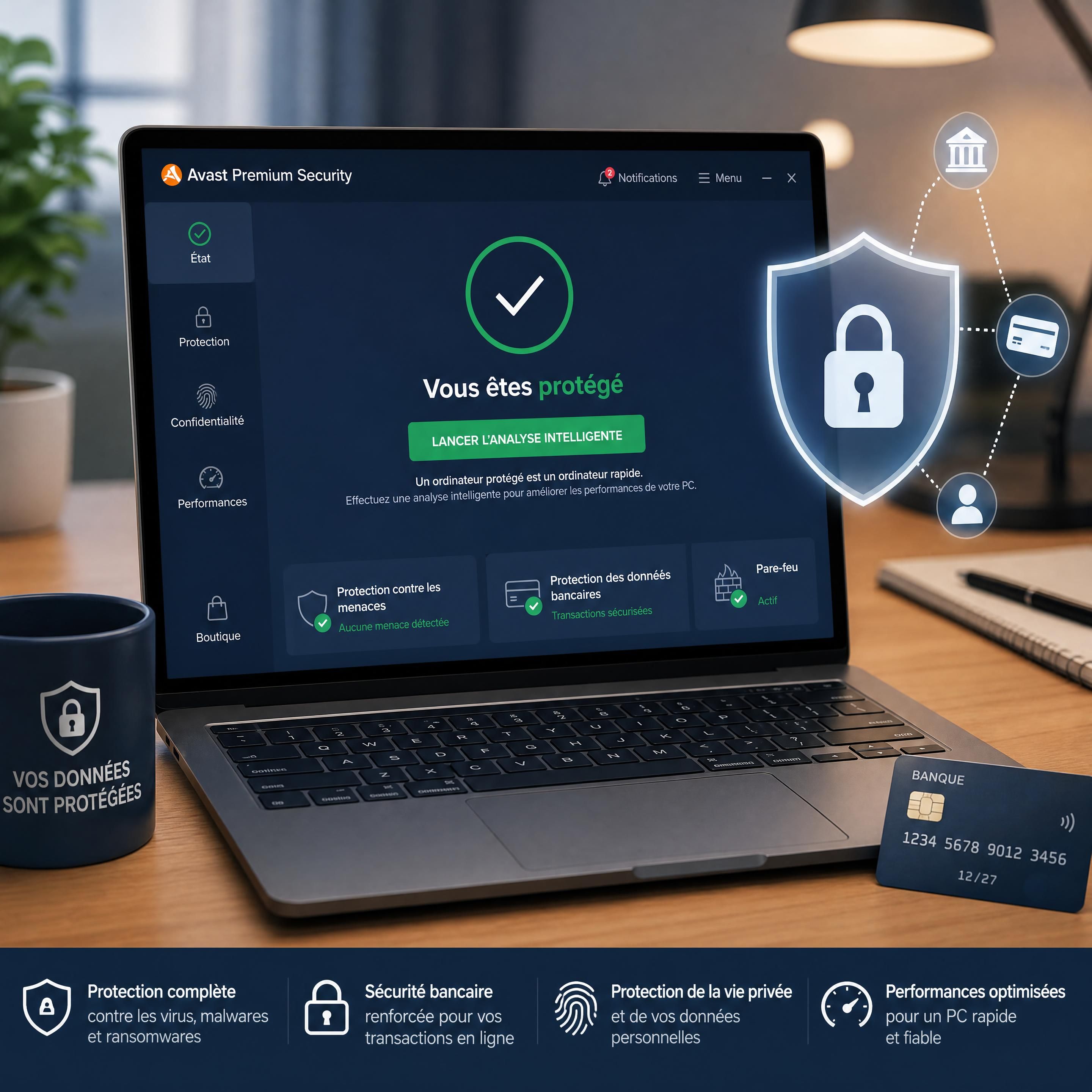 Ordinateur portable sécurisé affichant l'interface d'Avast Premium Security protégeant des données bancaires contre le piratage