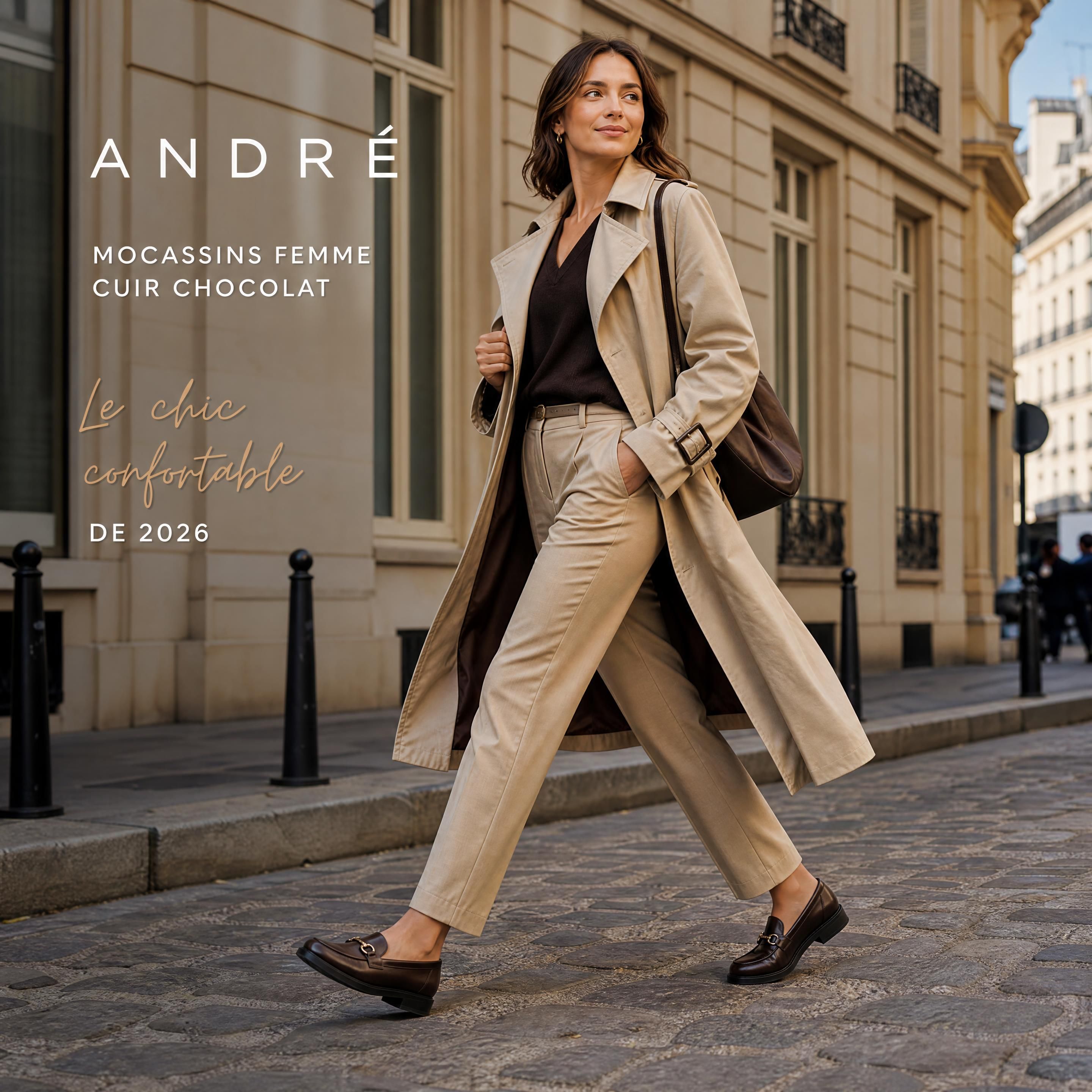 Une femme urbaine active marchant d'un pas dynamique dans une rue pavée, portant des mocassins femme en cuir chocolat André avec un pantalon de tailleur beige et un trench fluide, incarnant le style chic et confortable de 2026