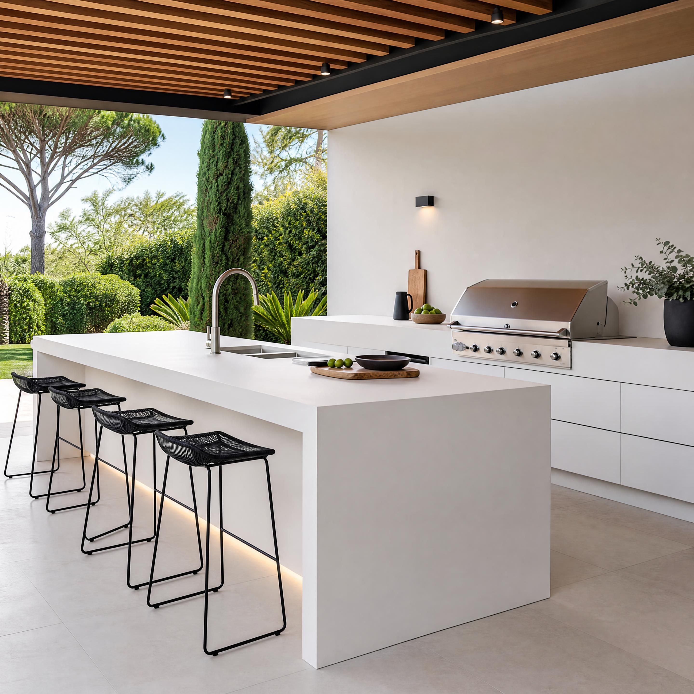 Une cuisine extérieure minimaliste et luxueuse, dotée d'un grand comptoir sur-mesure en solid surface blanc mat, parfaitement intégré sous une terrasse couverte