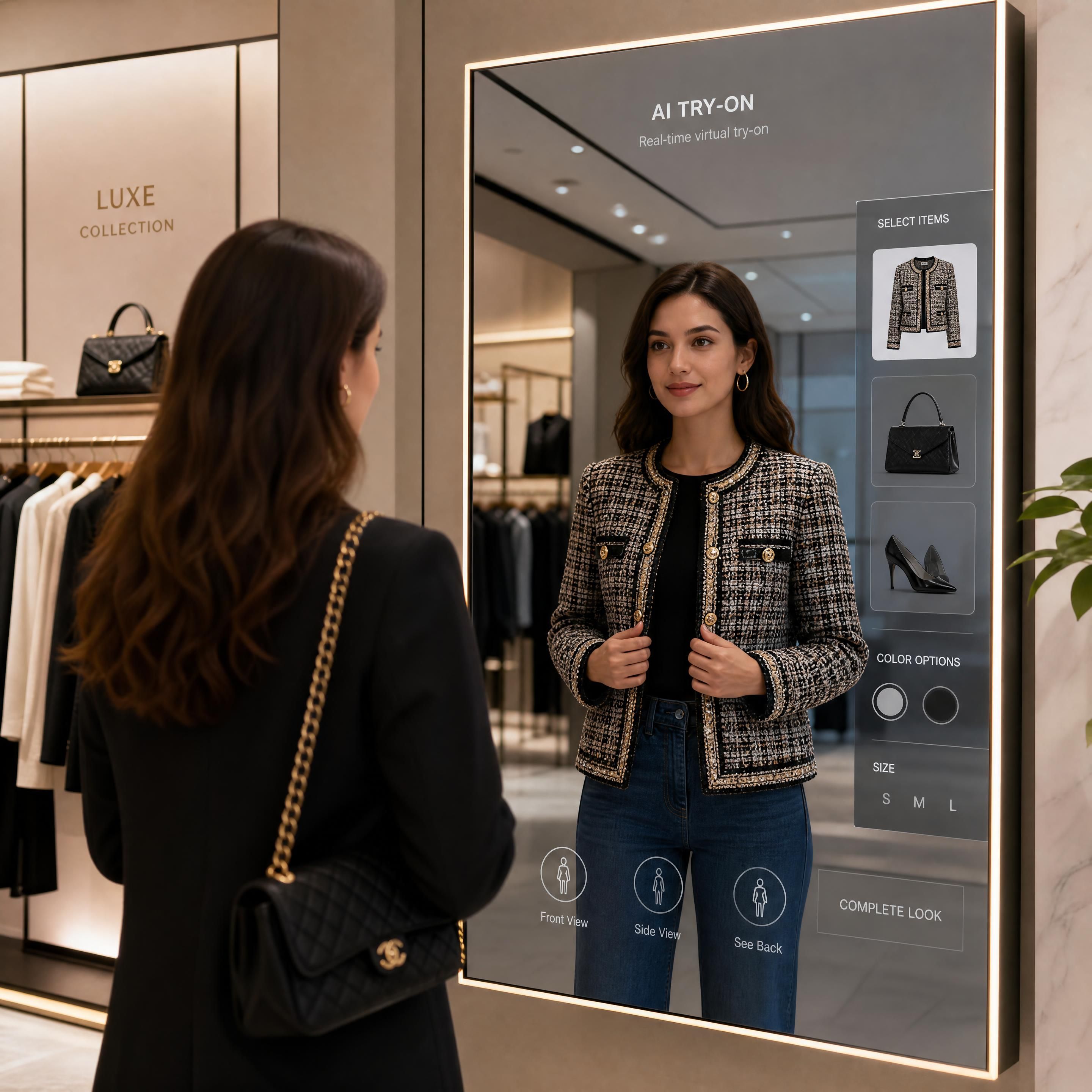 A fashion retail smart mirror showcasing real-time AI clothing try-on where a shopper sees themselves wearing a luxury designer jacket without physically changing