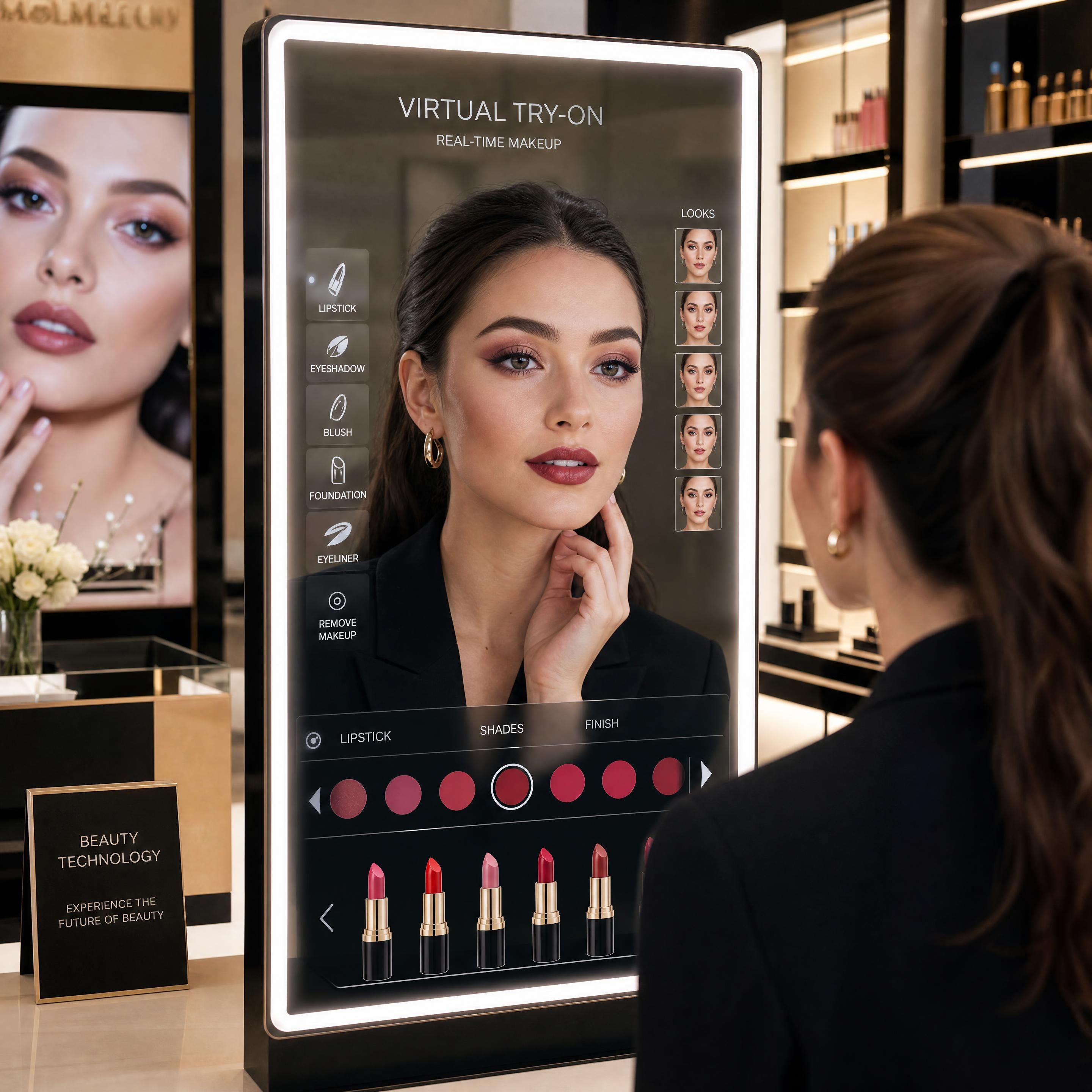 A sleek interactive smart AR mirror in a luxury cosmetics boutique, displaying real-time makeup virtual try-on with high-fidelity lip and eye products