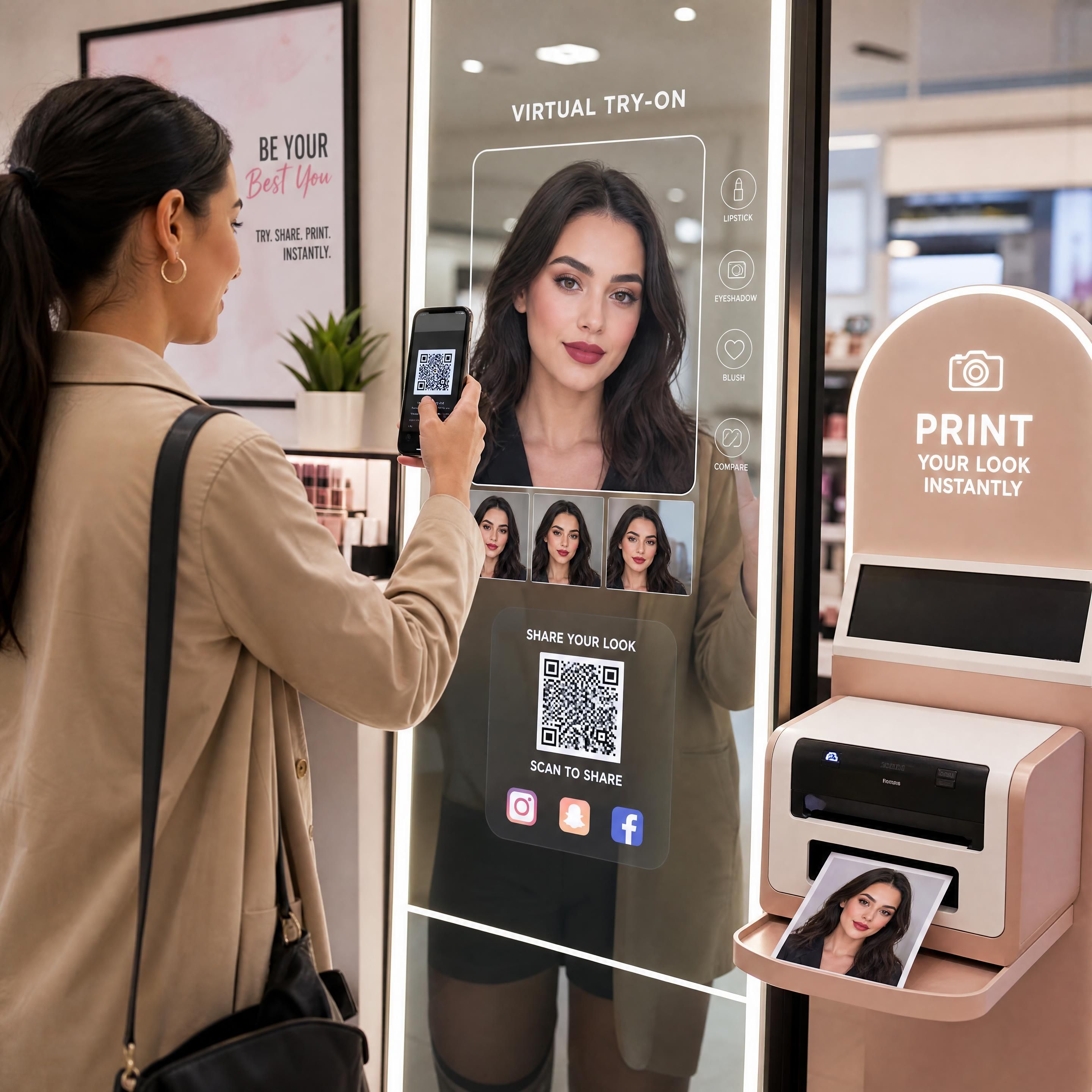 A shopper scanning a QR code on an AR mirror to instantly share their virtual makeup try-on picture on social media, with a physical photo printing station nearby