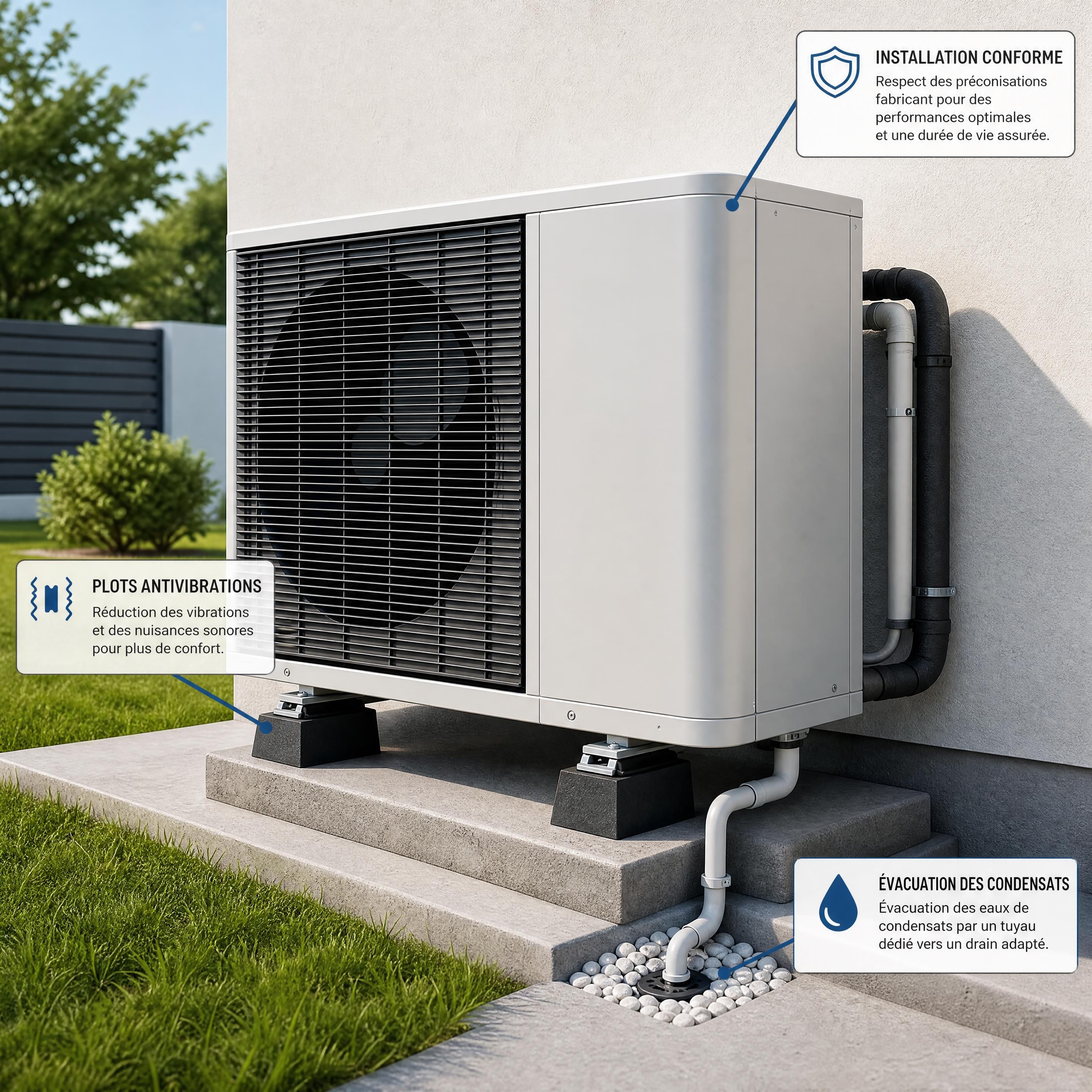 Unité extérieure d'une pompe à chaleur air/eau correctement installée avec plots antivibrations et évacuation des condensats