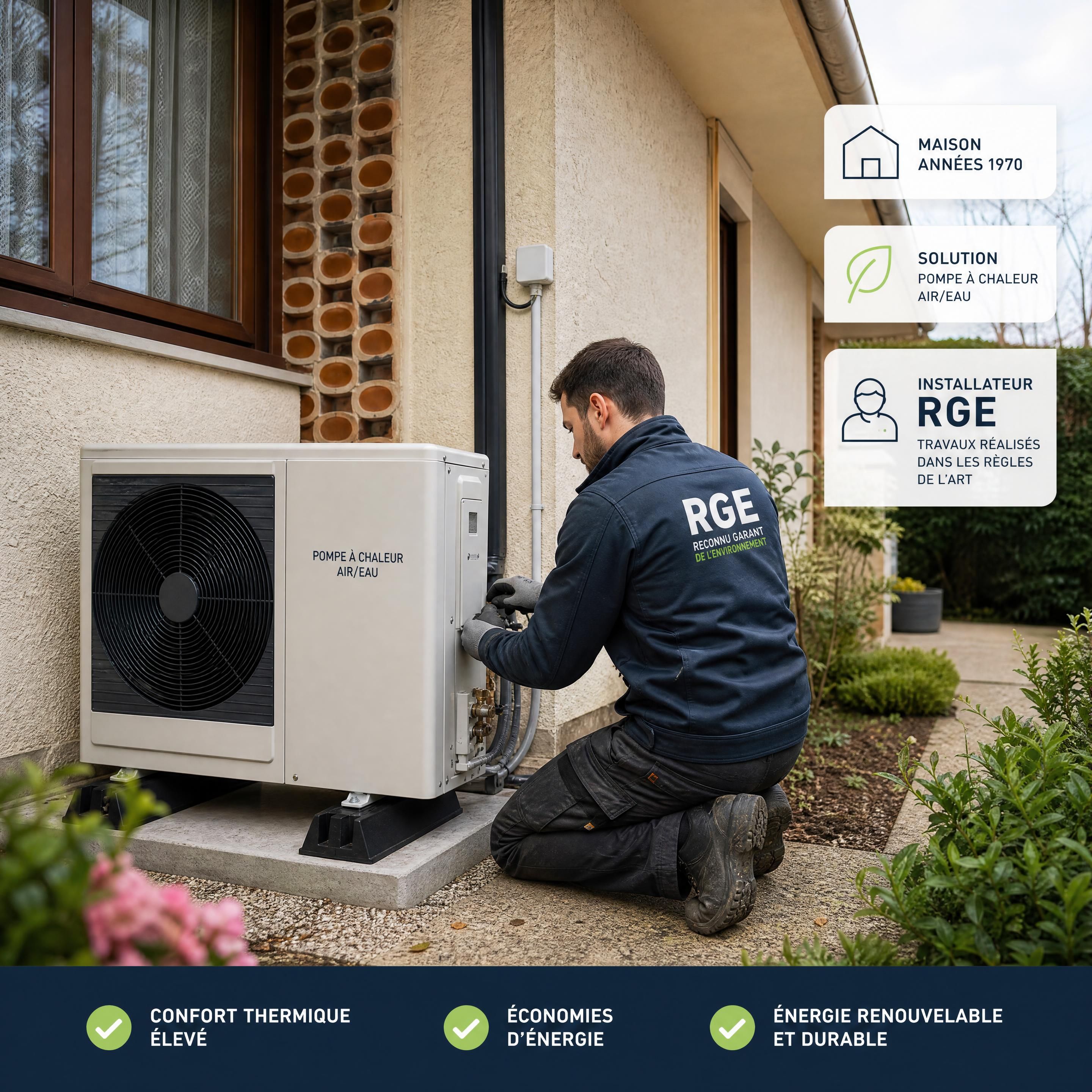 Installateur professionnel RGE effectuant la pose d'une unité extérieure de pompe à chaleur air/eau sur une maison de 1970