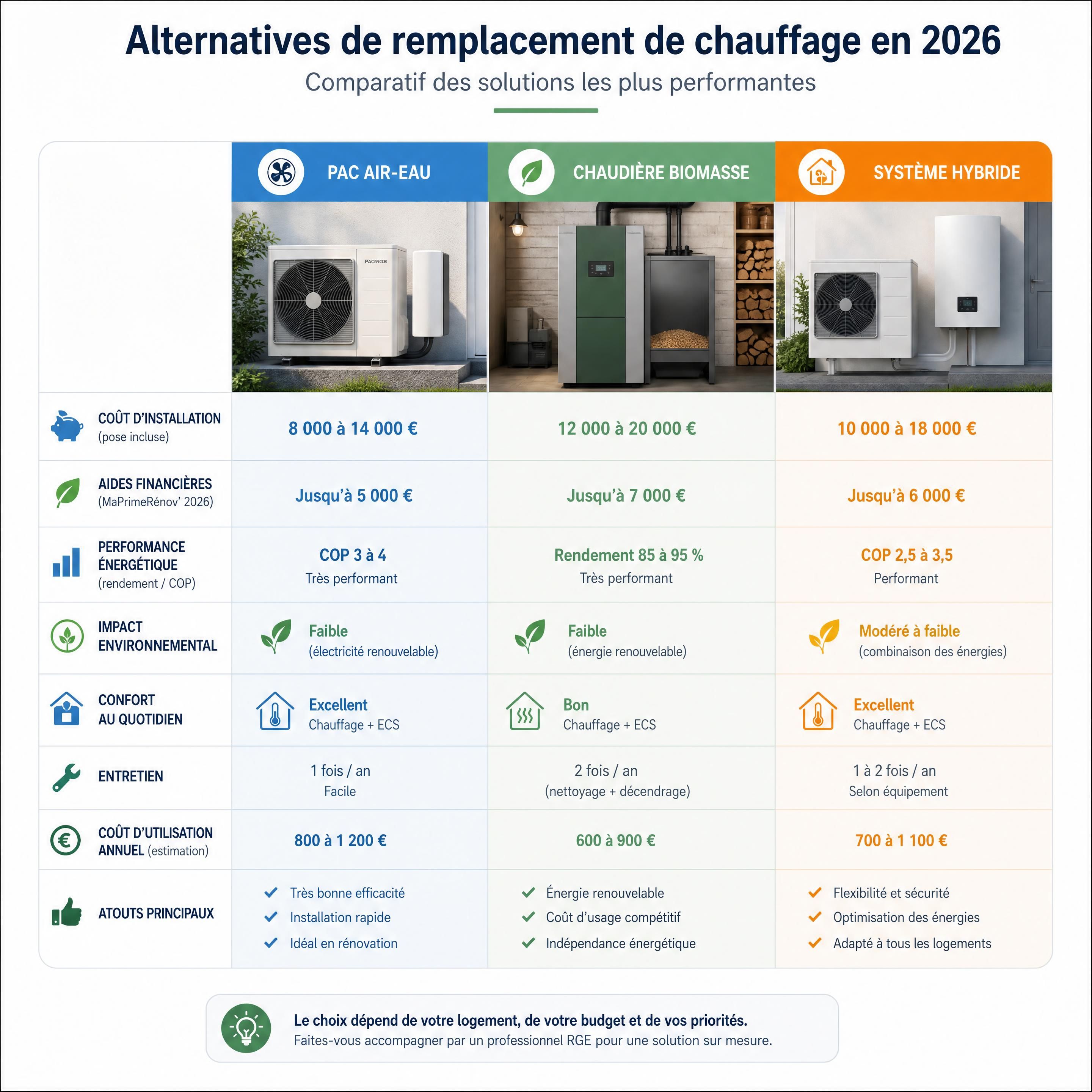 Tableau comparatif des alternatives de remplacement de chauffage en 2026 : PAC air-eau, chaudière biomasse, système hybride