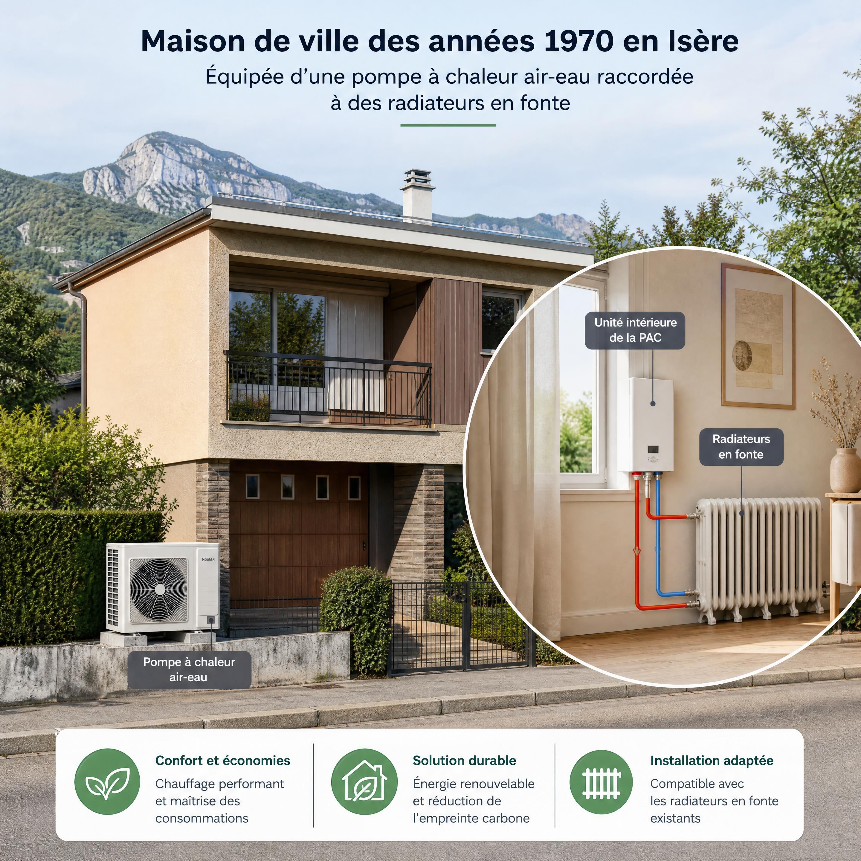 Maison de ville des années 1970 en Isère équipée d'une pompe à chaleur air-eau raccordée à des radiateurs en fonte