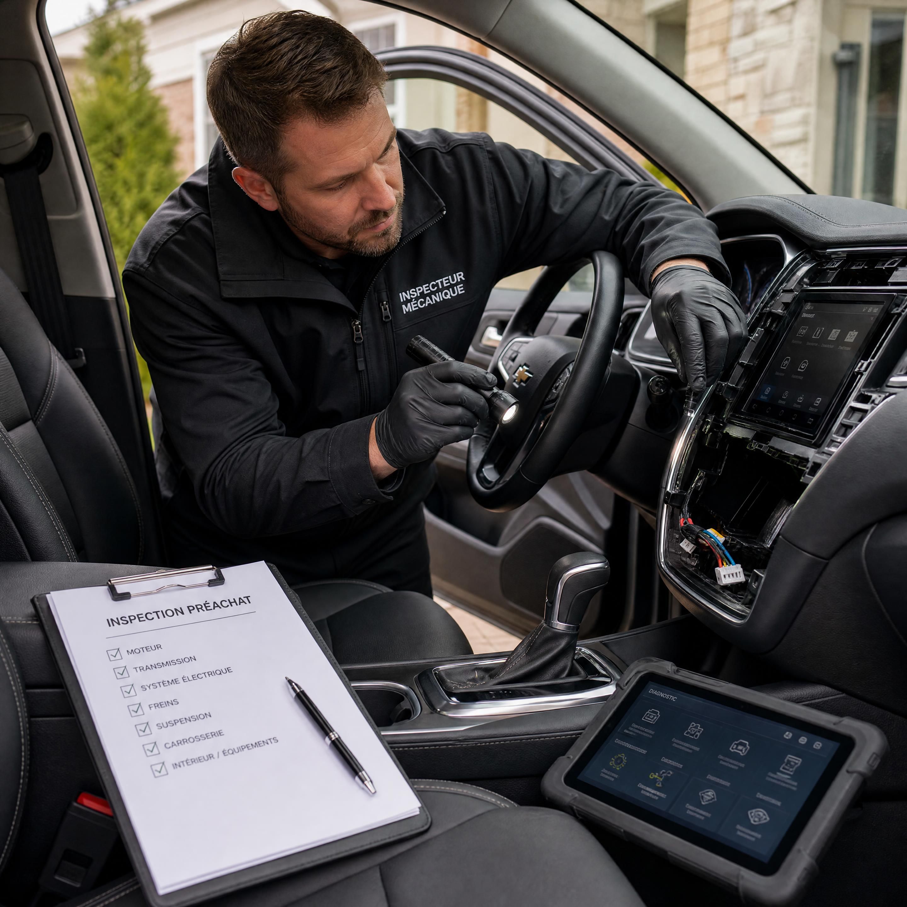 A mechanic inspects the electronic components and dashboard of a used SUV during a pre-purchase home inspection.