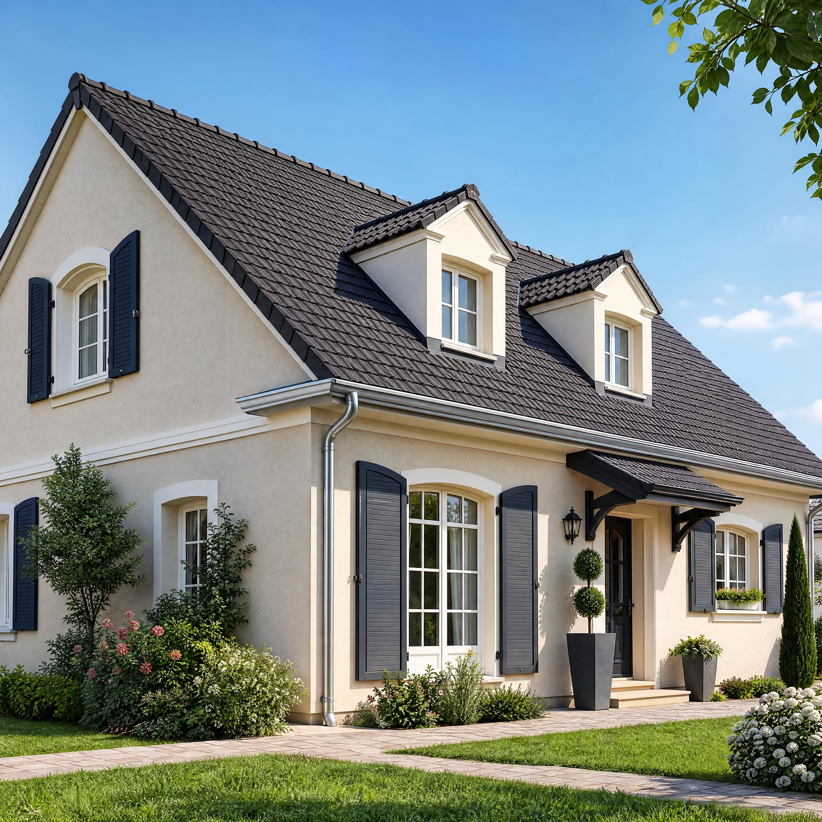 Une ravissante maison individuelle traditionnelle dans les Yvelines, arborant une toiture parfaitement entretenue et des gouttières en aluminium neuves sous un ciel clair
