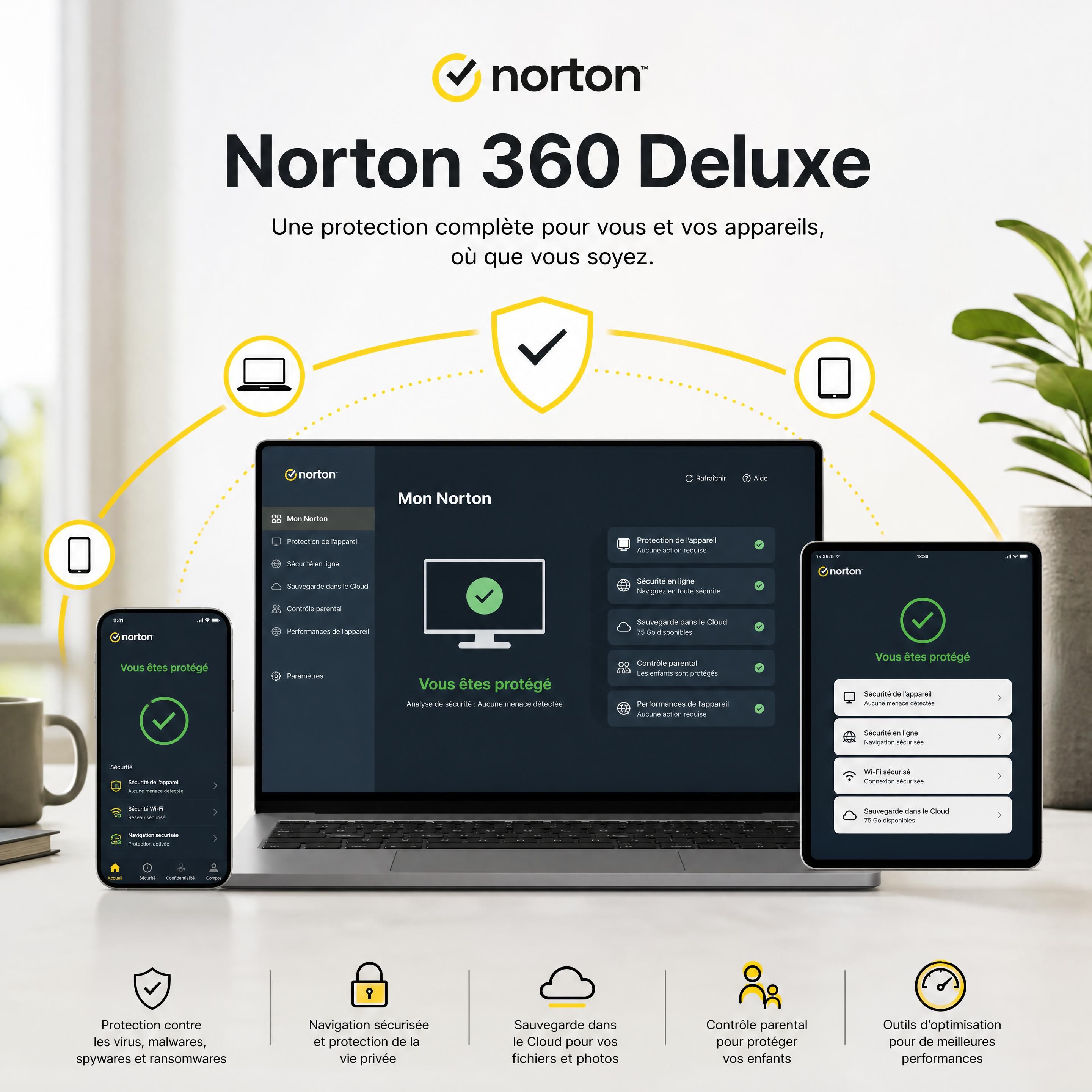 Illustration de la suite de sécurité Norton 360 Deluxe protégeant simultanément un ordinateur portable, une tablette et un smartphone contre les cybermenaces