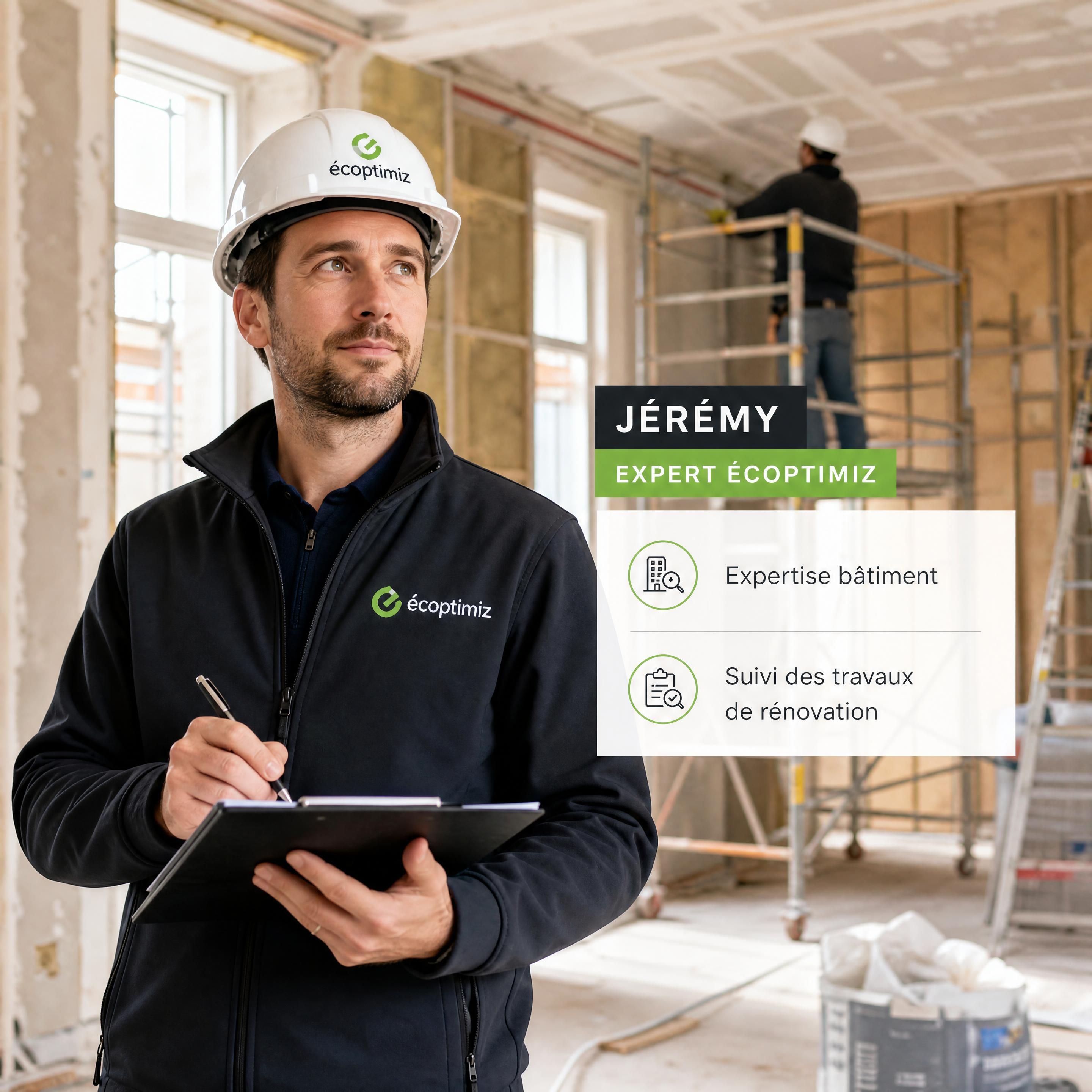 Jérémy, expert Ecoptimiz, réalisant une expertise bâtiment et un suivi des travaux de rénovation sur un chantier | IMAGE_JEREMY_EXPERT