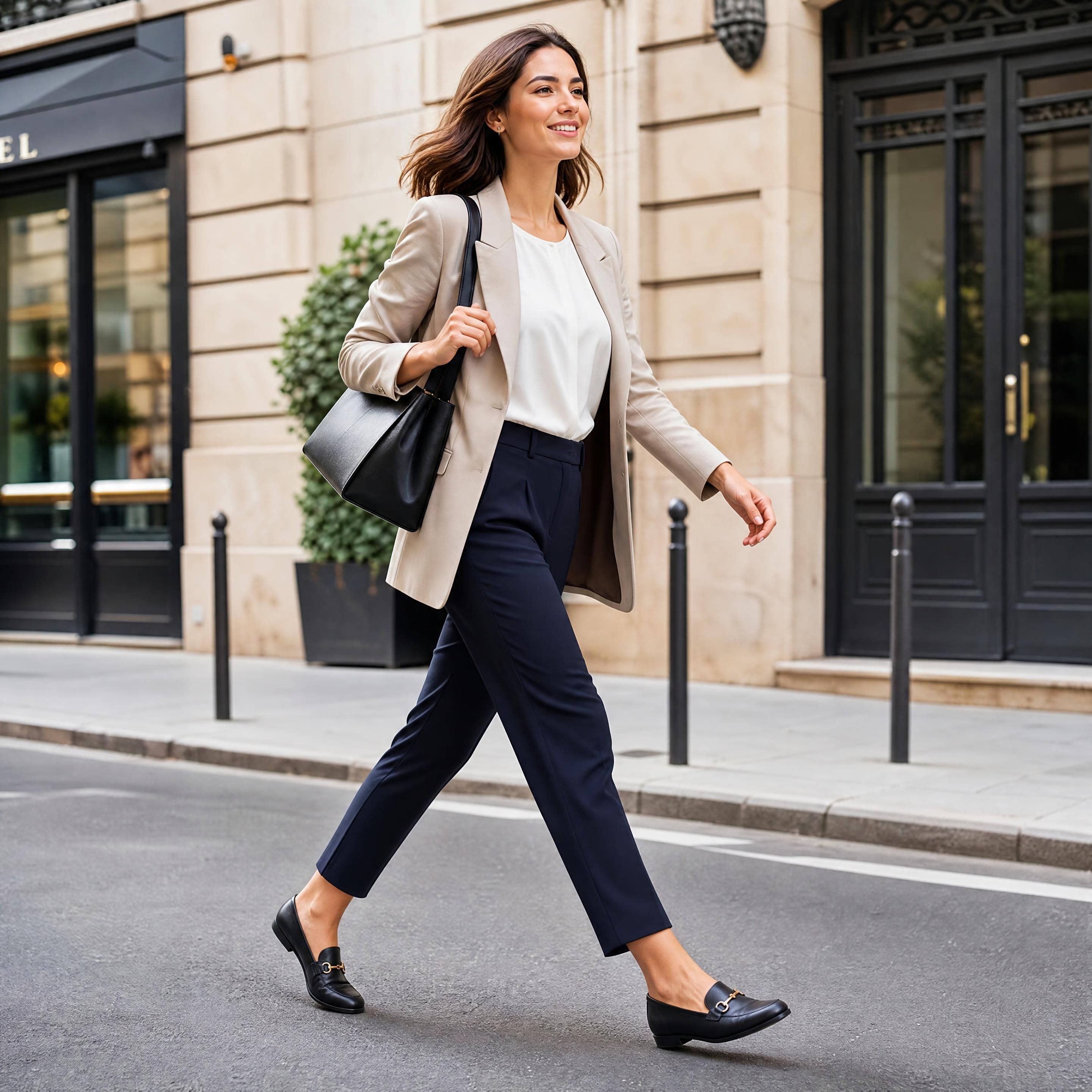 Une femme urbaine active marchant d'un pas dynamique dans la rue, portant des mocassins femme élégants en cuir souple et un pantalon de tailleur moderne