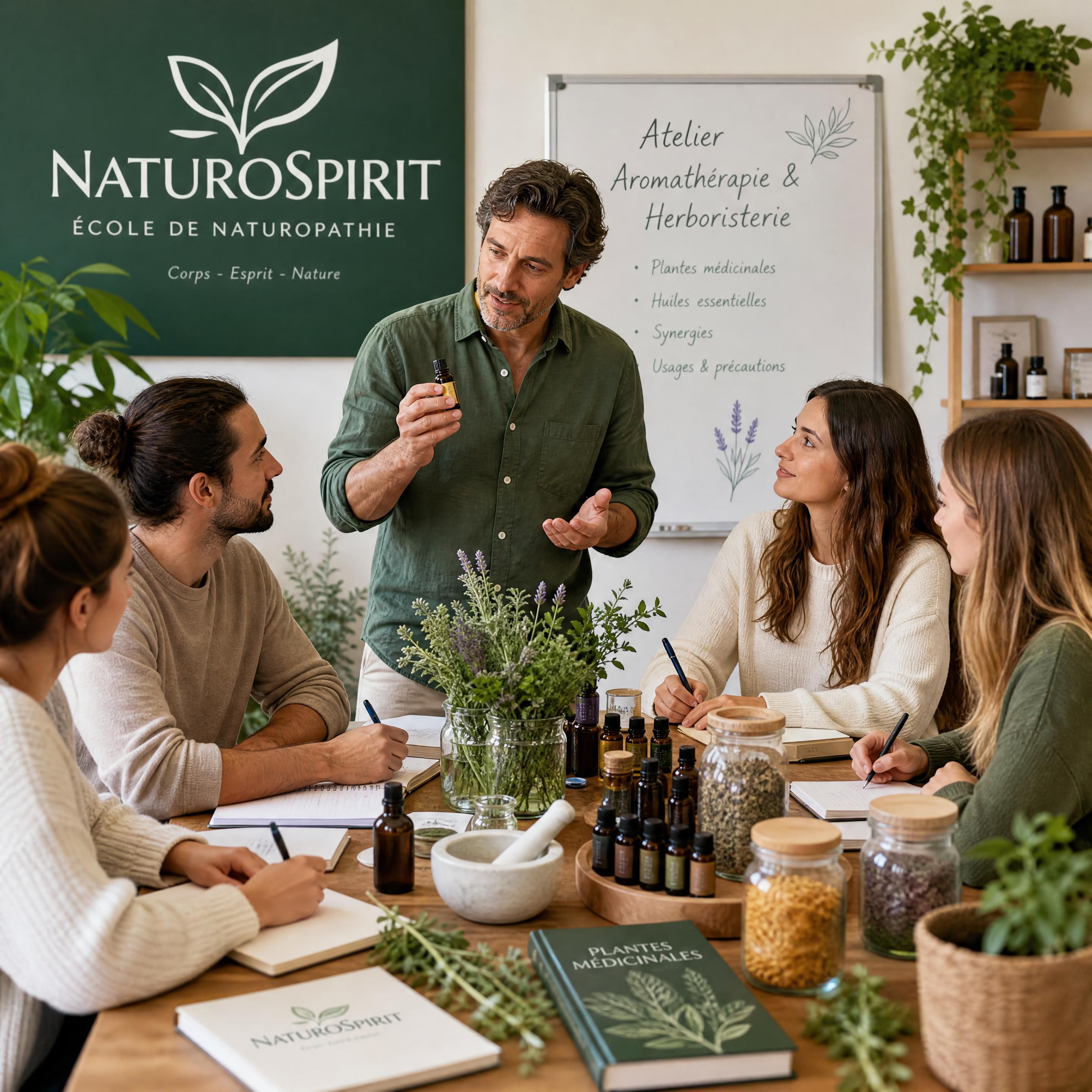 Des étudiants de l'école de naturopathie NaturoSpirit participant à un atelier pratique d'aromathérapie et d'herboristerie avec leur formateur
