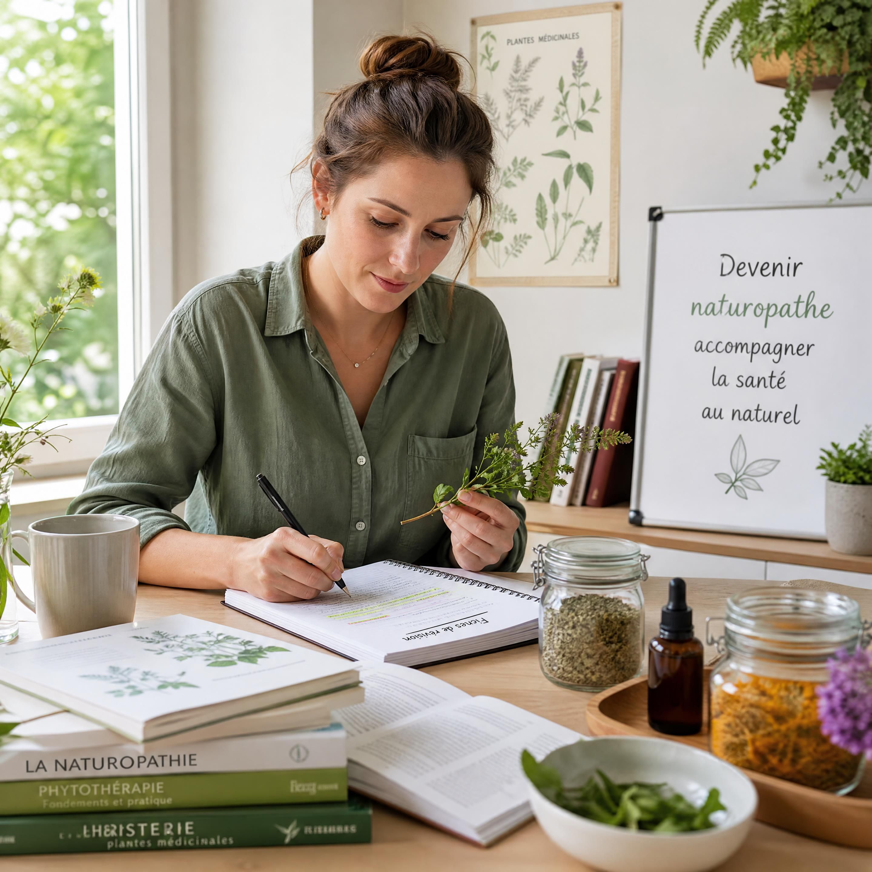 Une future naturopathe en reconversion professionnelle étudiant les plantes médicinales et préparant ses fiches de révision dans un espace de travail lumineux