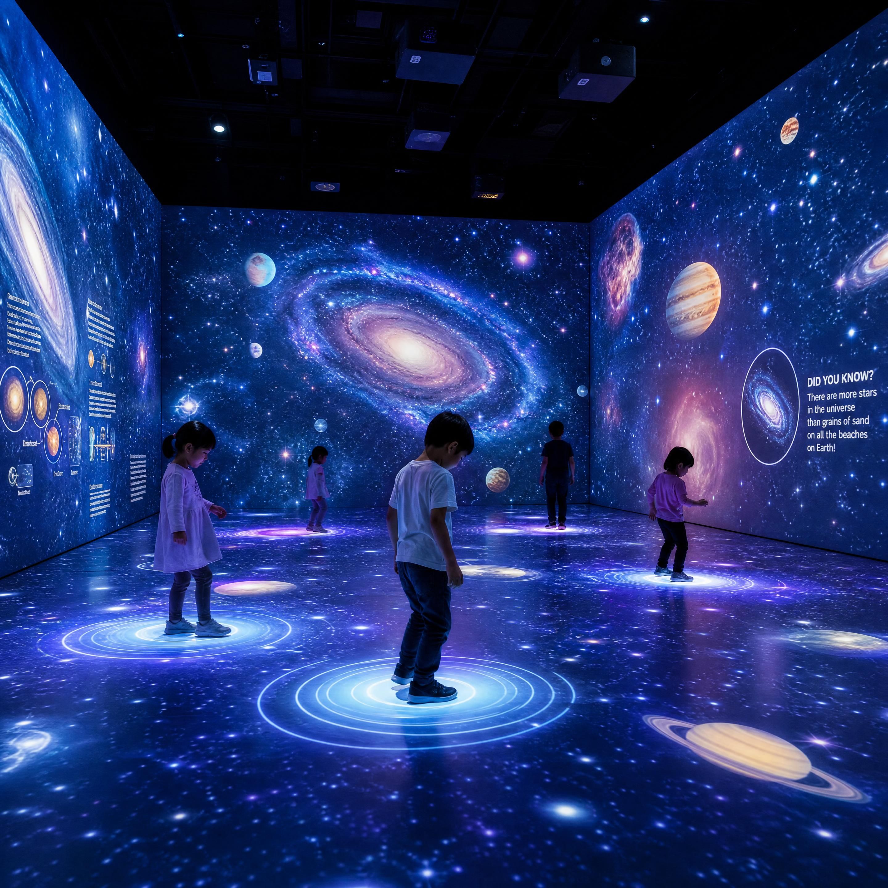 A fully surrounded immersive room in a science museum, showcasing projection mapping of stars and galaxies with tactile floor sensors for children.