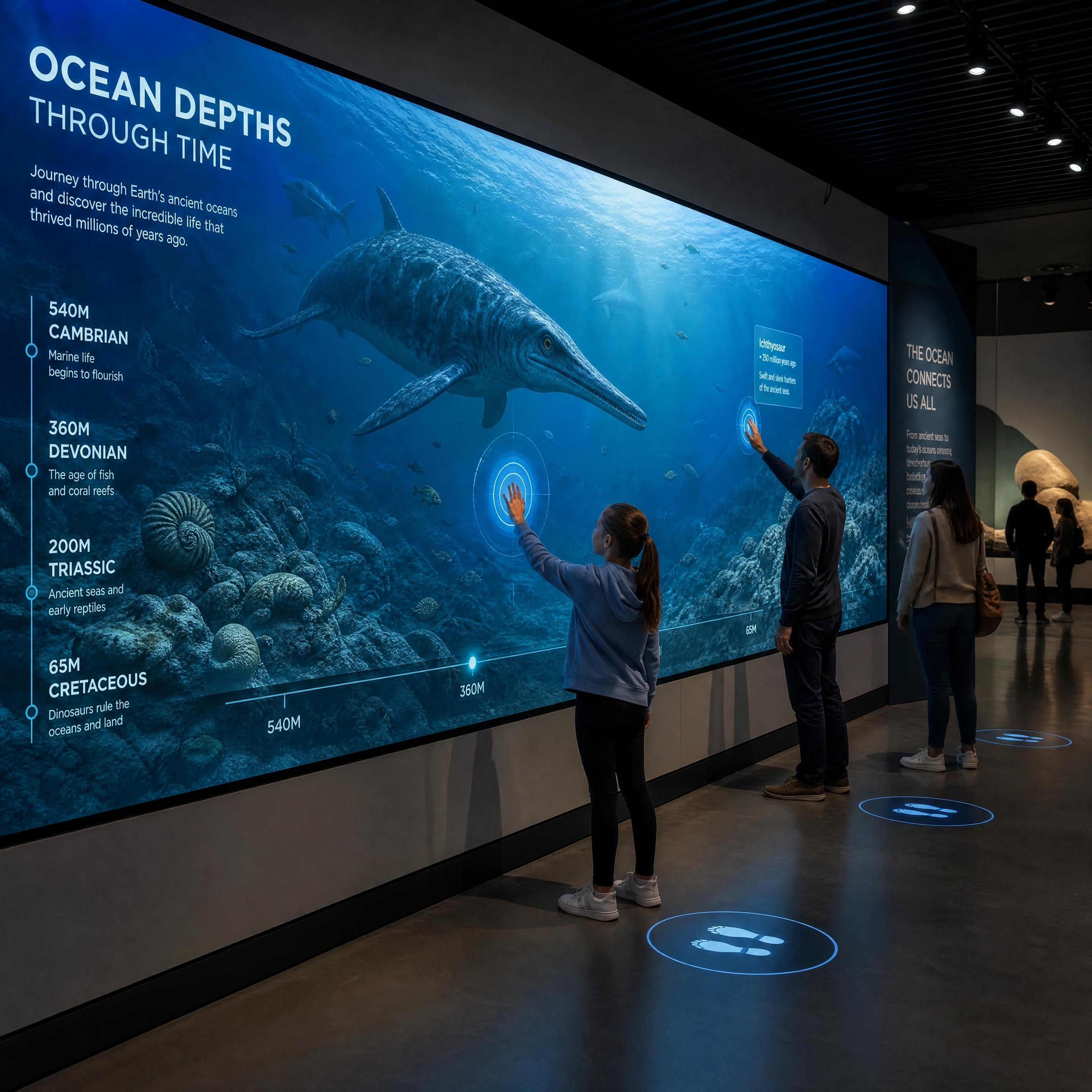 A sleek, modern museum exhibition hall featuring an active immersive wall showing historic ocean depths, with visitors interacting via touch and motion sensors.