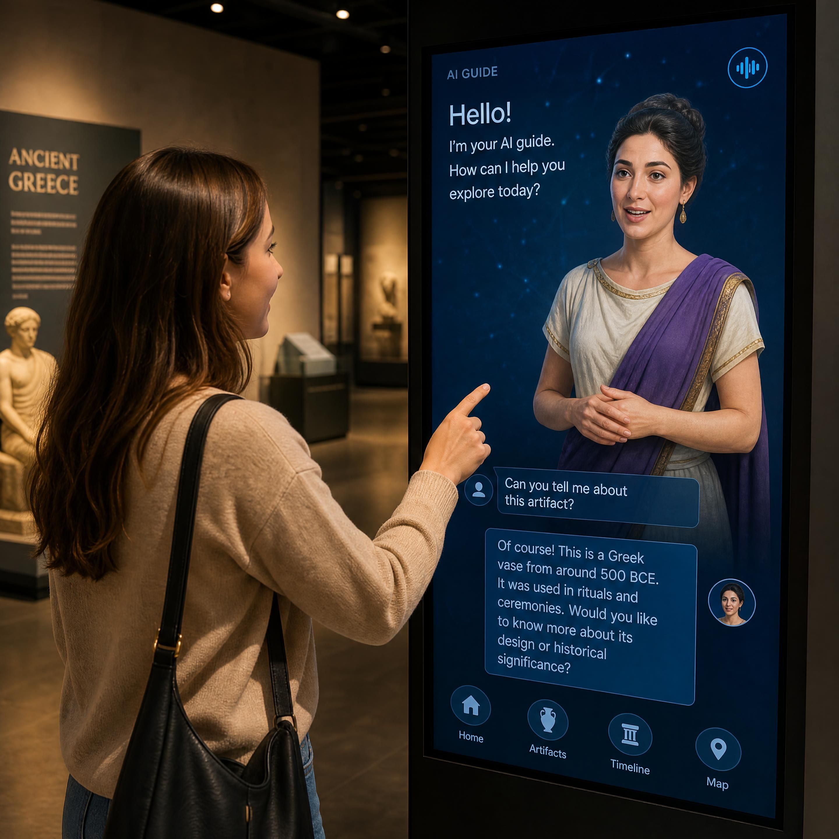 A museum visitor interacting with an AI-driven digital avatar on an ultra-responsive interactive screen, demonstrating real-time conversational exhibit technology.
