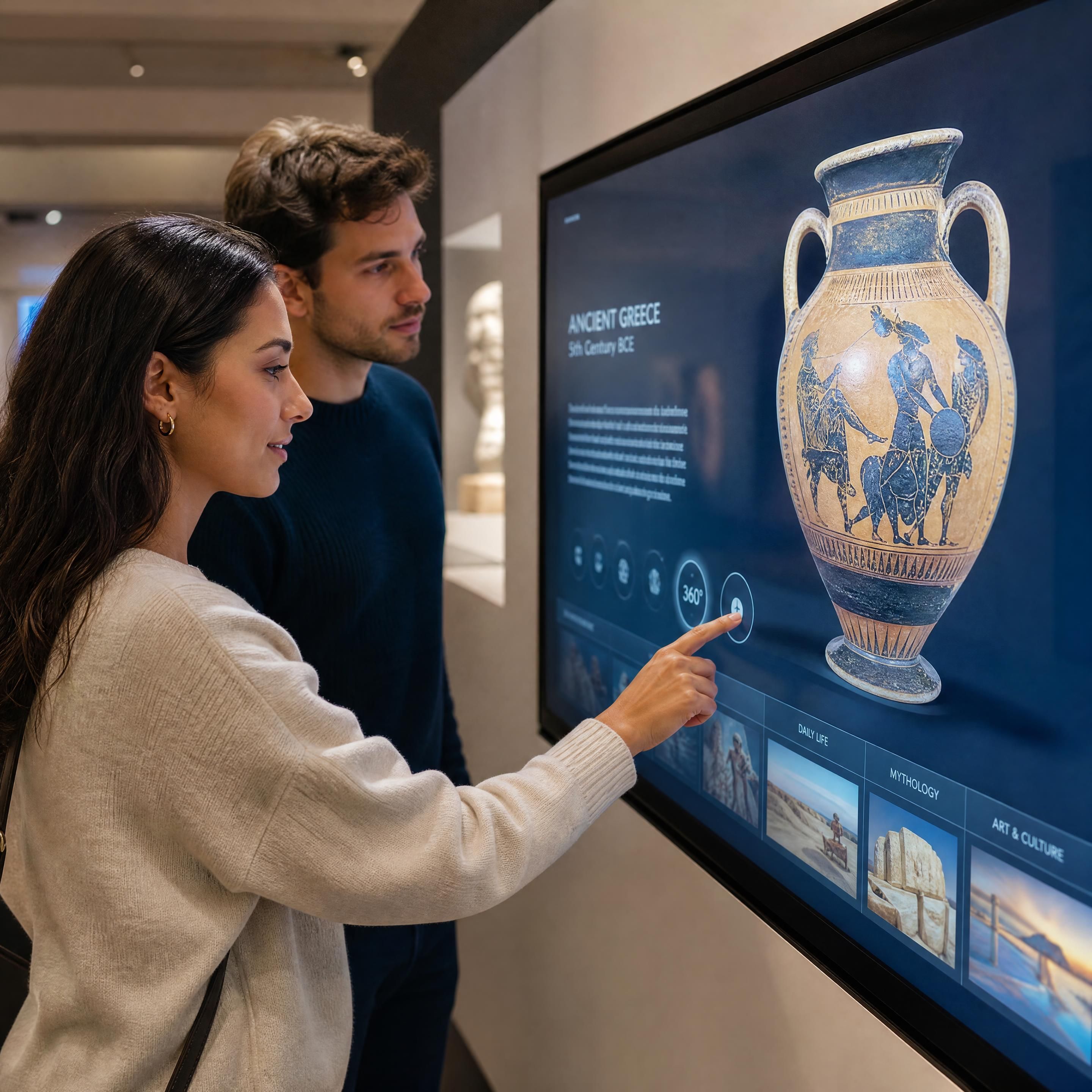 A close-up of visitors interacting with a high-resolution interactive screen in a digital museum experience