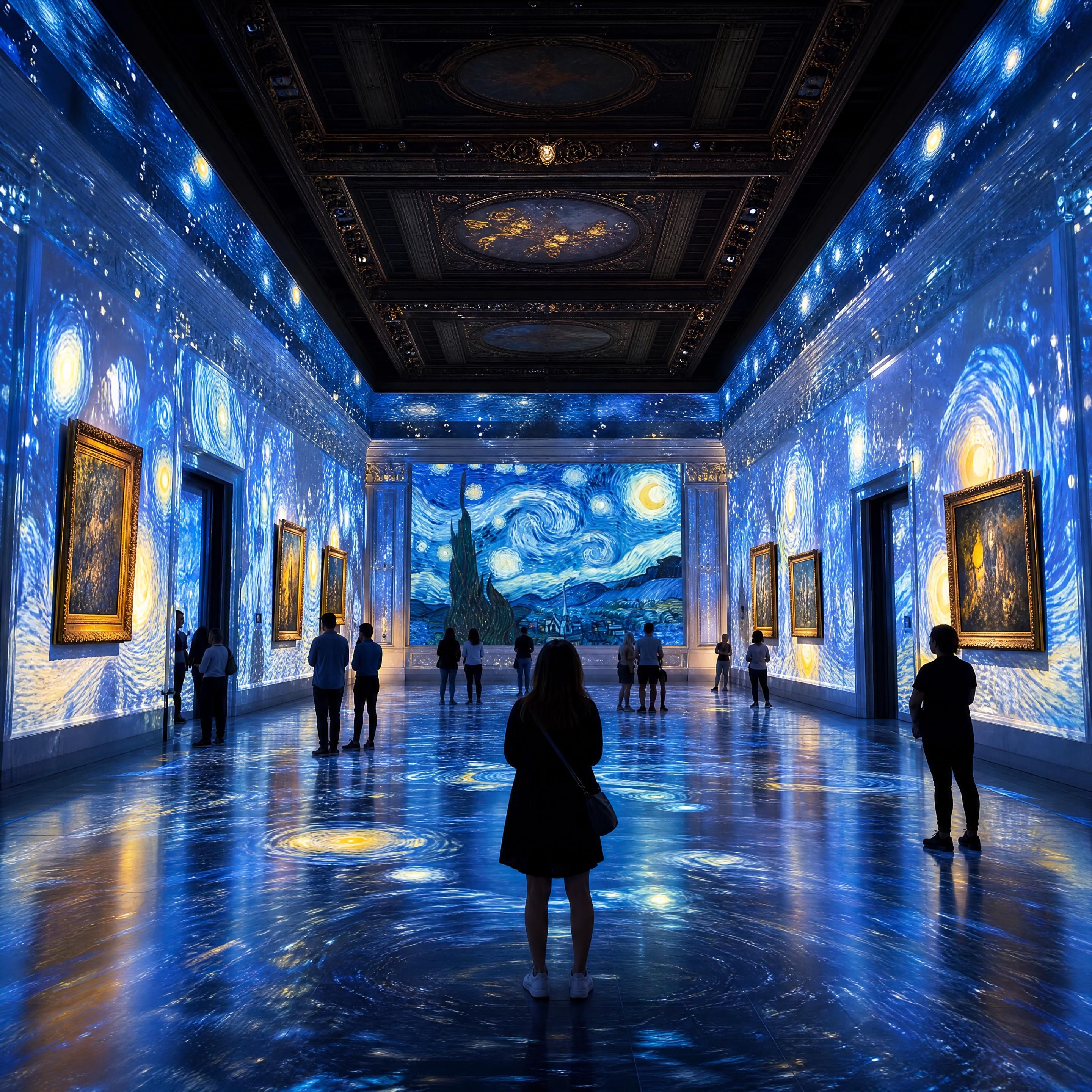 A fully projected immersive room transforming a historic gallery with dynamic 3D mapping
