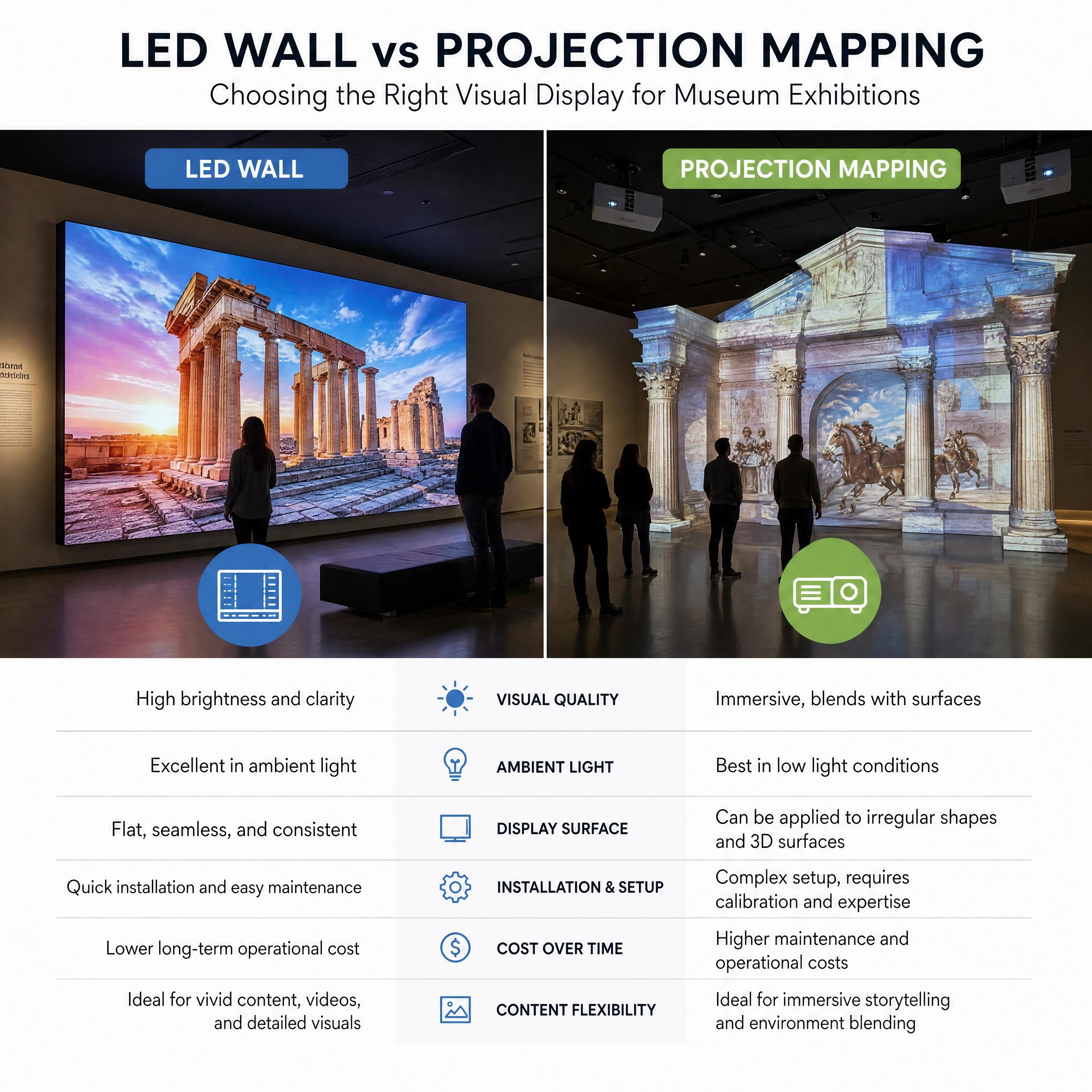 A comparative diagram showing an LED wall side-by-side with a projection mapping setup in a museum exhibition space