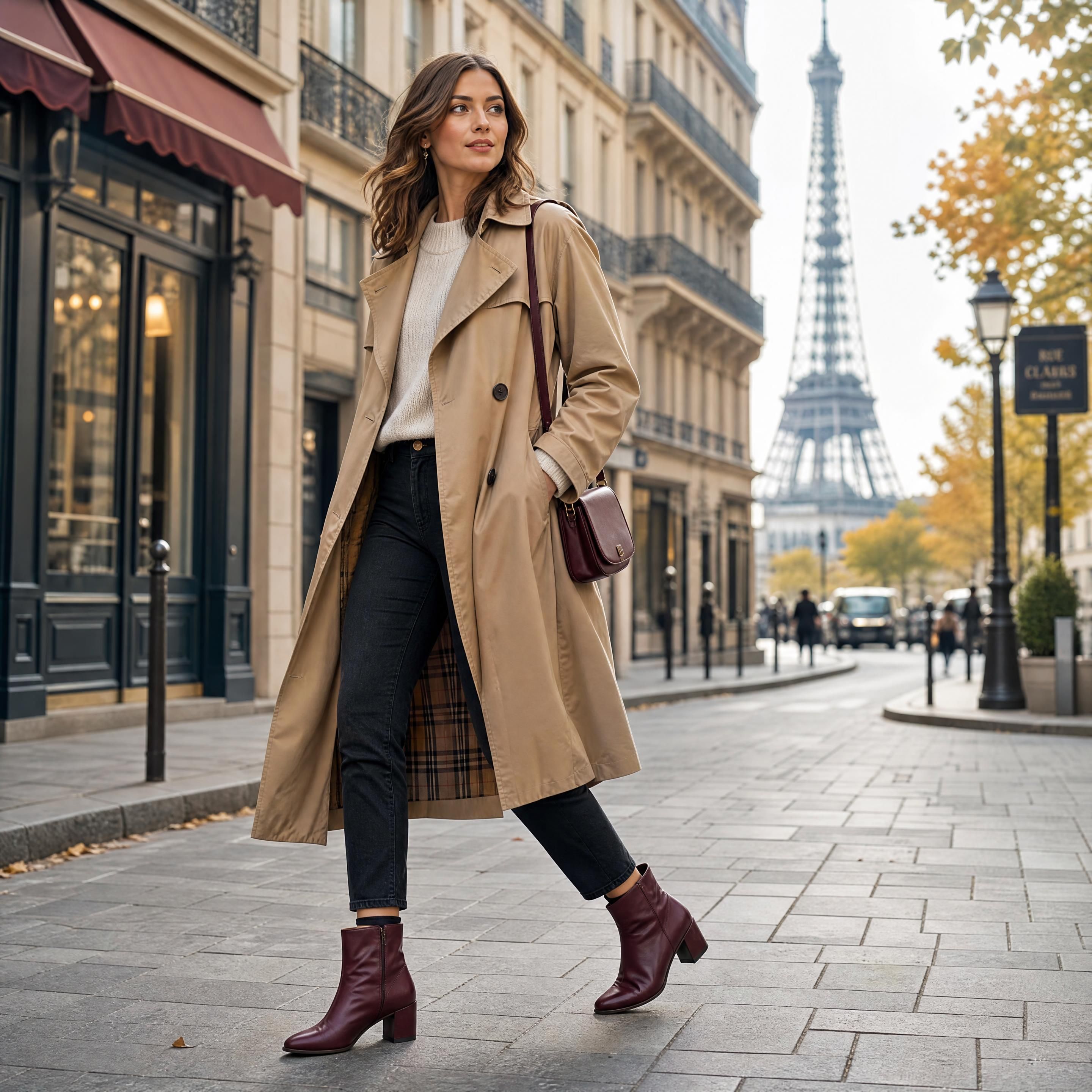 Une femme élégante marchant dans les rues de Paris, portant des bottines bordeaux en cuir souple avec un trench-coat fluide d'automne